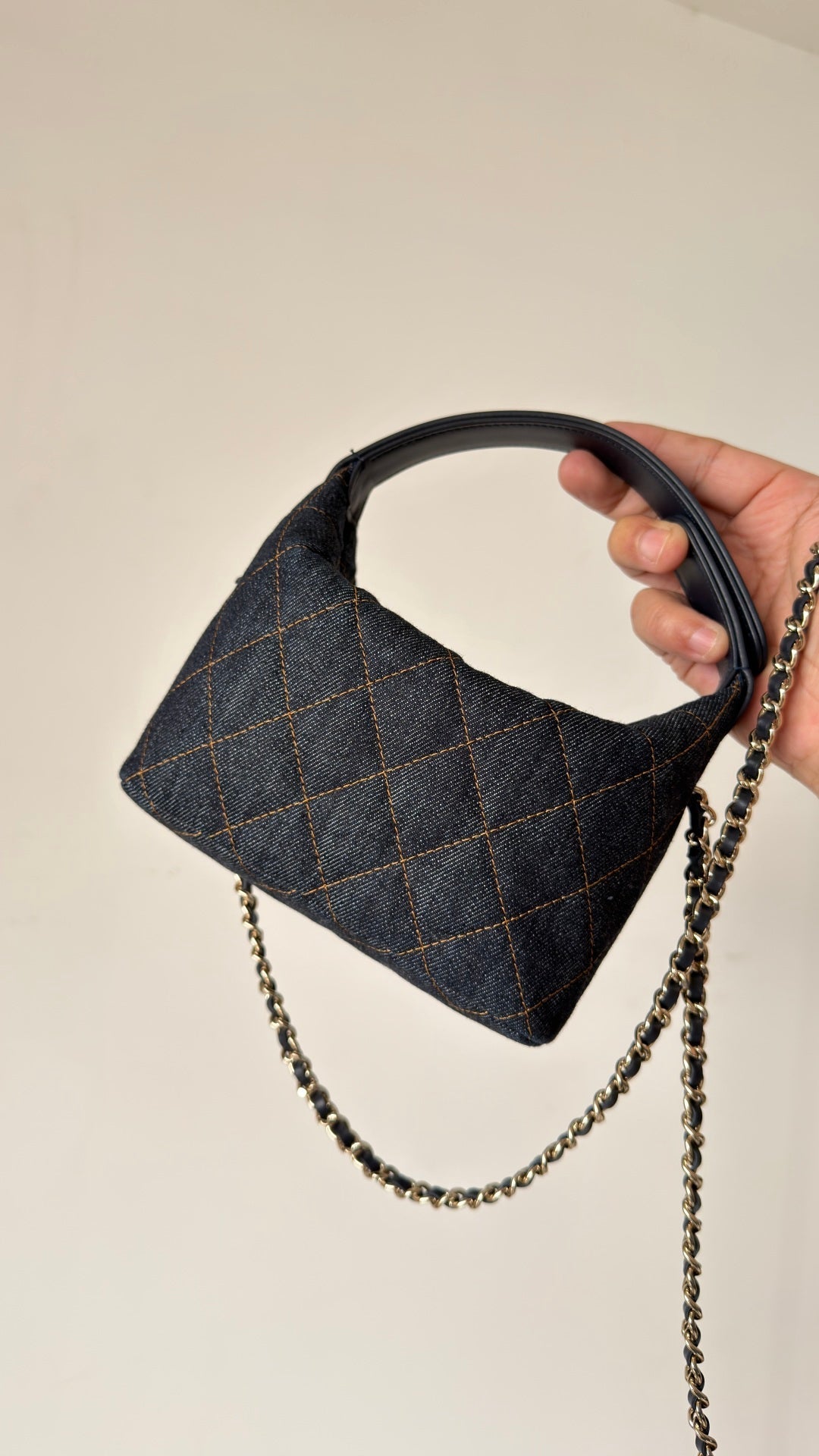 Chanel 2026 Hobo Pouch With Chain Dark Blue Denim Leather