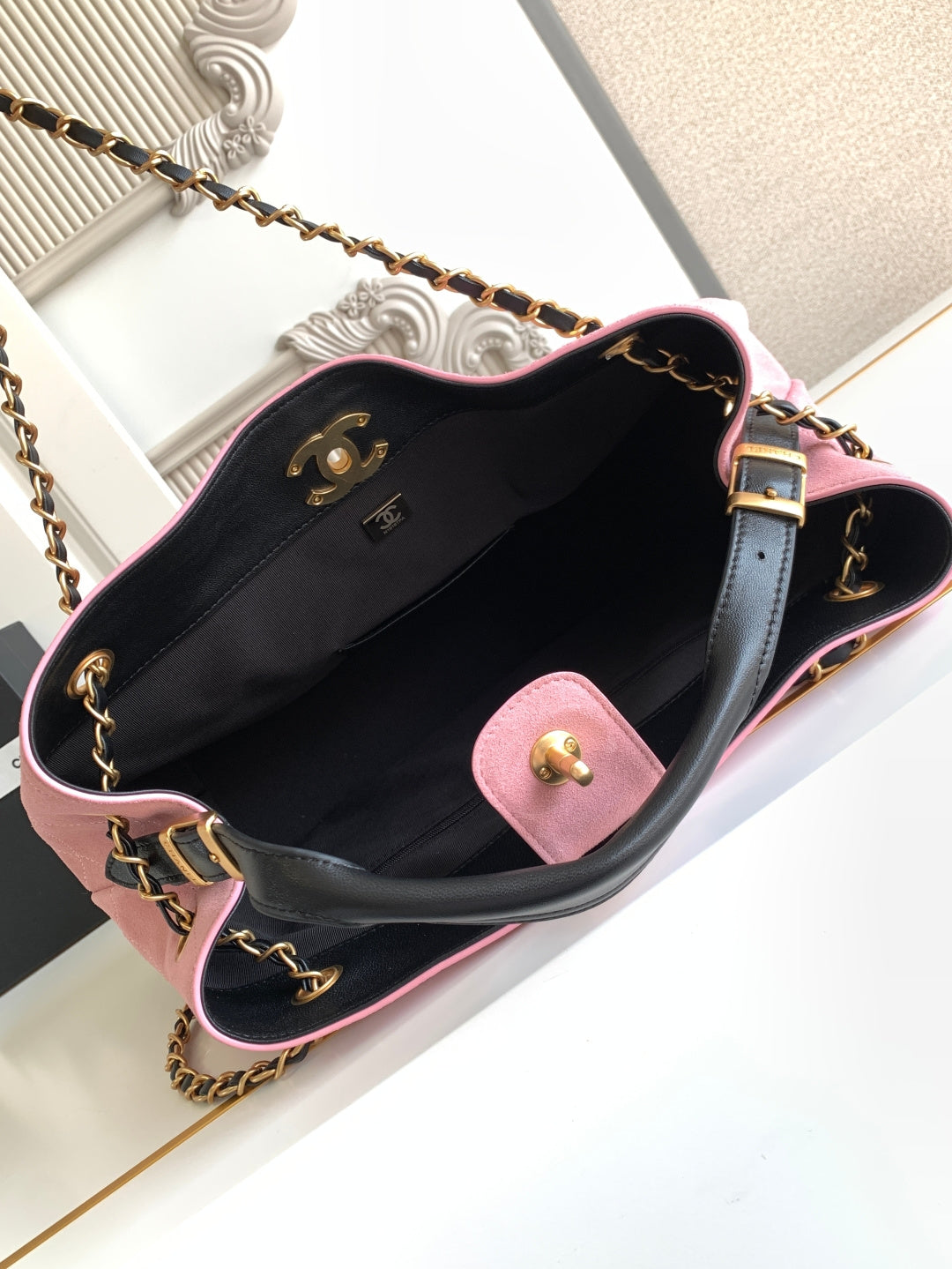 Chanel 2026 Shopping Bag 36cm Pink Black Suede Calfskin 348234