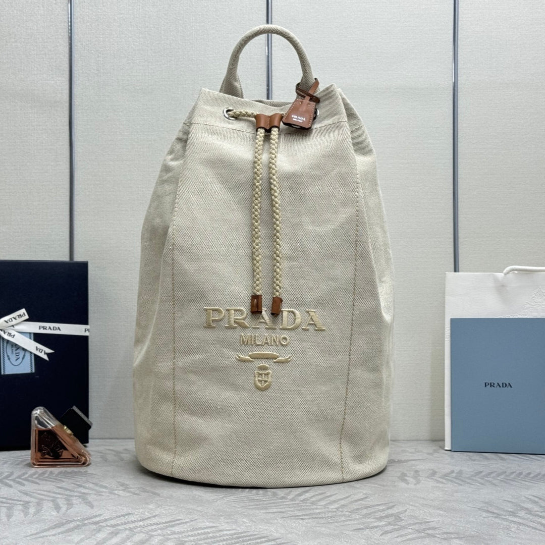 Prada 25s Drawstring Backpack 55 In Beige Canvas Linen Silver Hardware