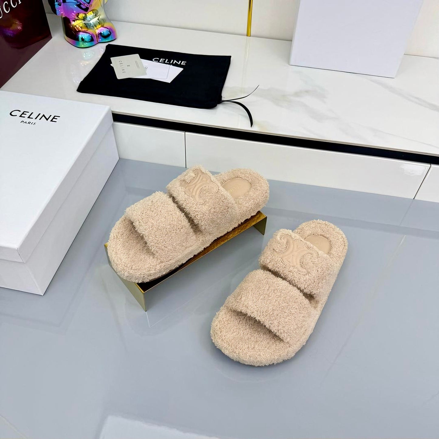 CL 25s Triomphe Slides 50mm Beige Wool & Rubber 434461