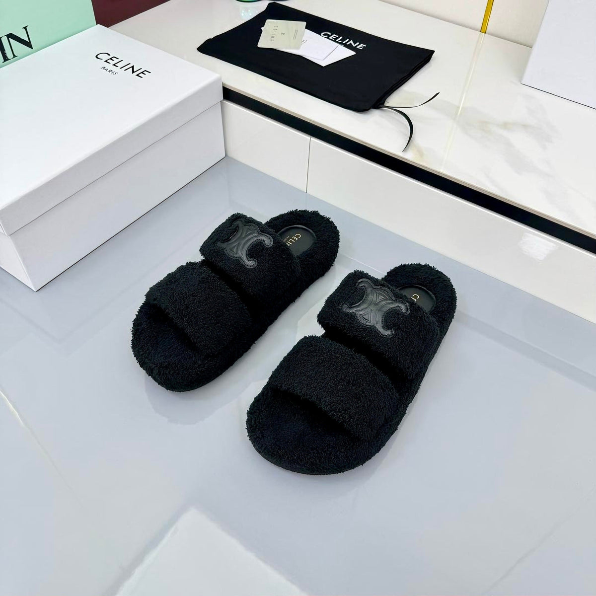 CL 25s Triomphe Slides 50mm Black Wool & Rubber 434462
