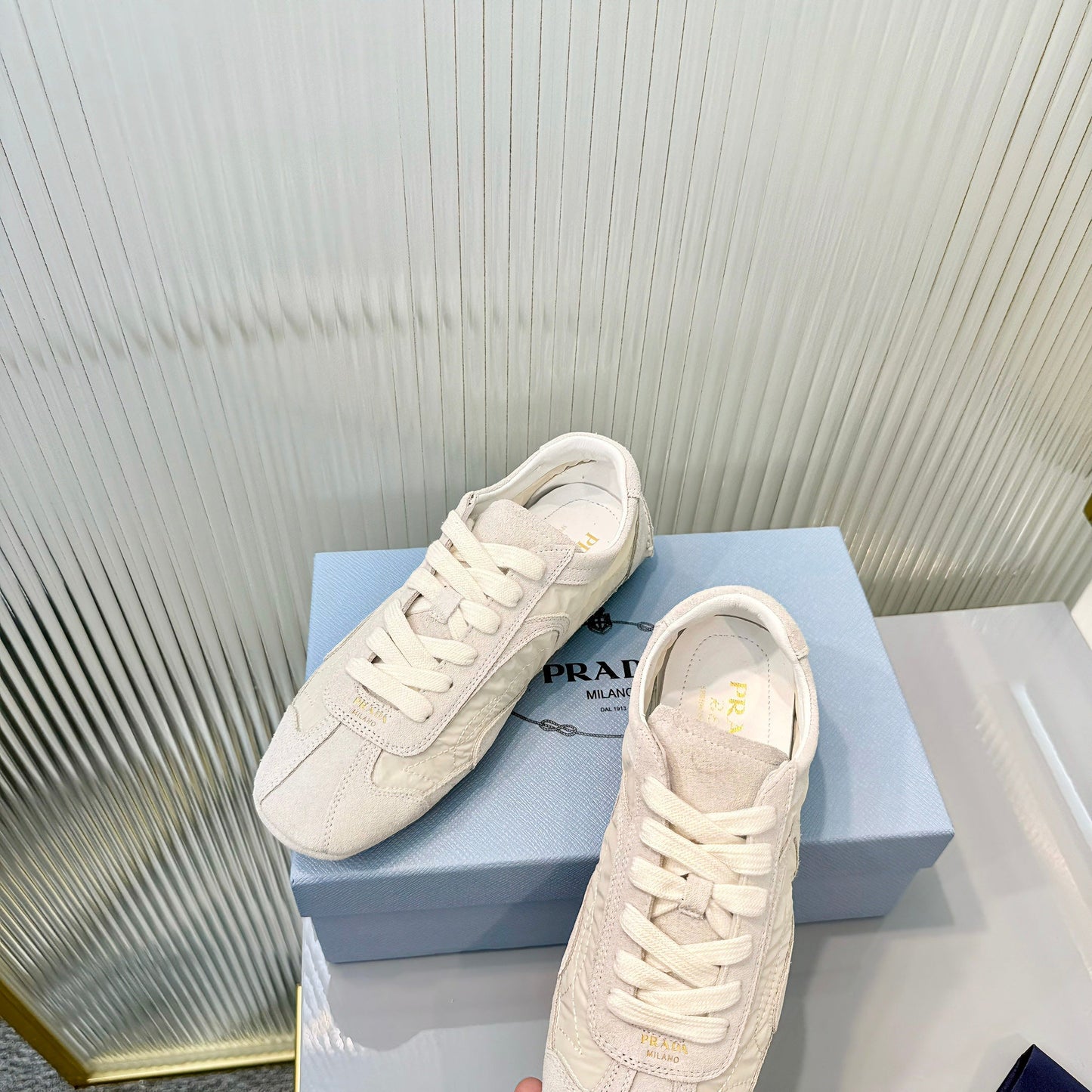 Prada Montecarlo Sneakers Grey Cream Re Nylon Suede 715030