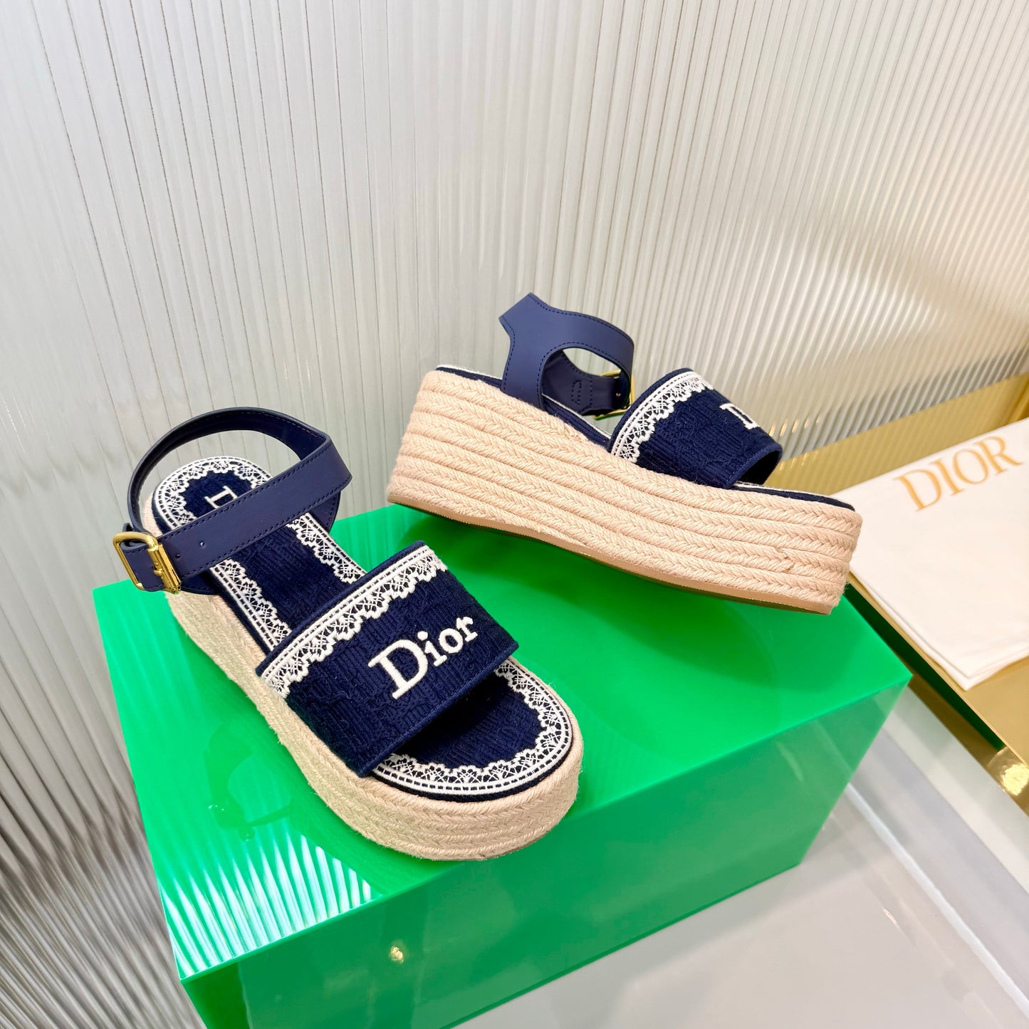 CD Dentelle Wedge Sandals Dark Blue Cotton 832466