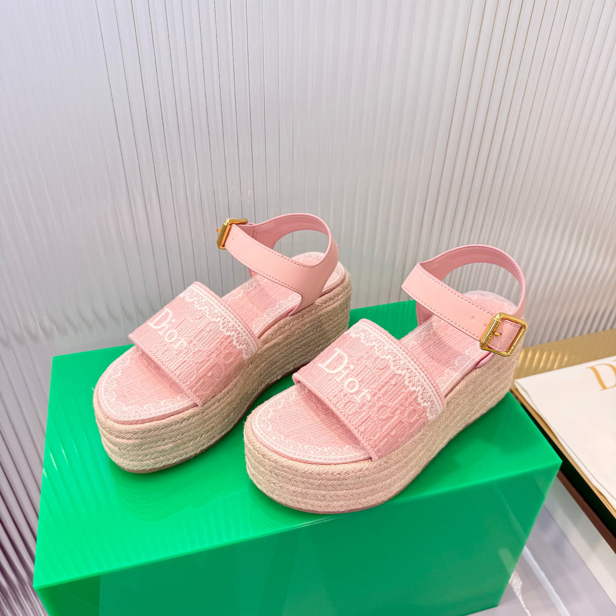 CD Dentelle Wedge Sandals Light Pink Cotton 832469
