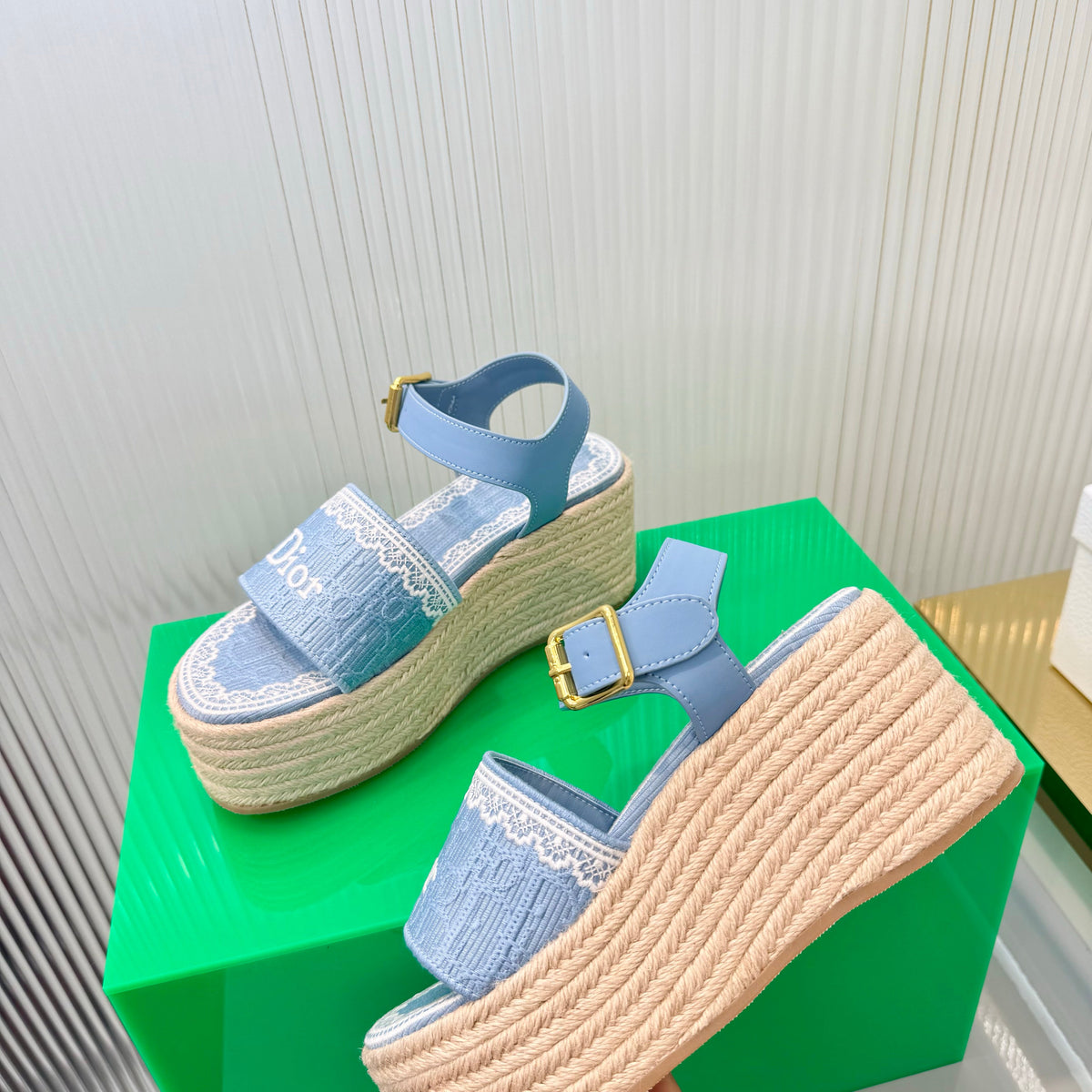 CD Dentelle Wedge Sandals Light Blue Cotton 832471