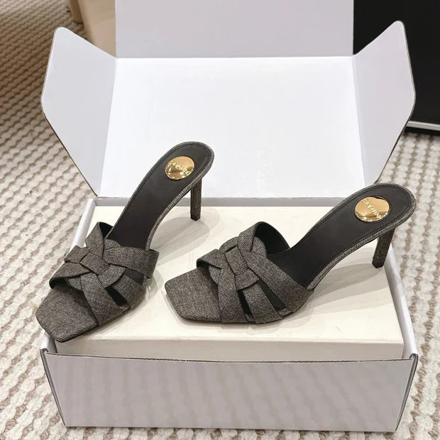 YSL 26ss High-Heeled Slippers 75 Dark Gray Canvas Calfskin 654748