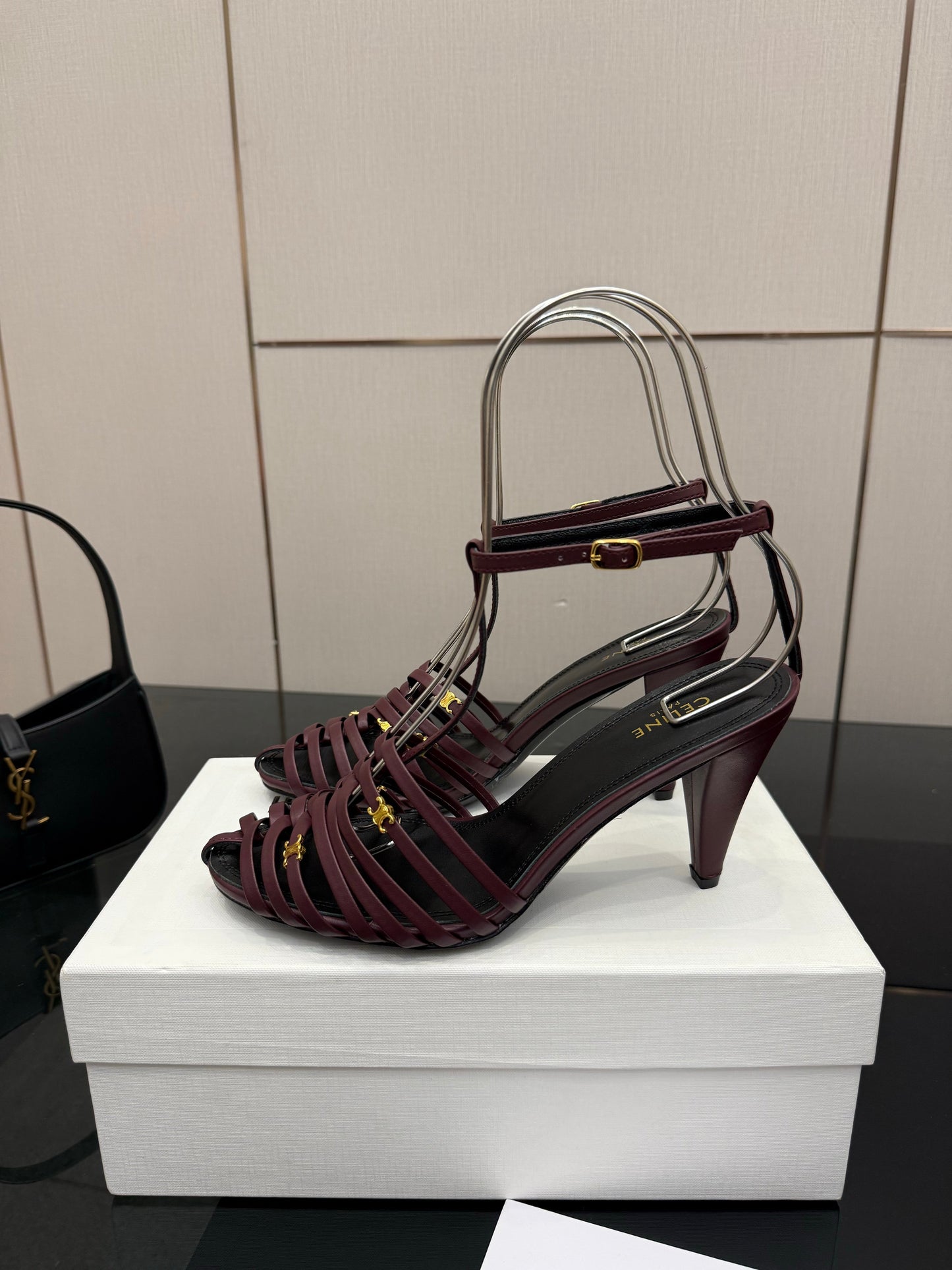 Celine Cage Heeled Sandal 9cm Burgundy Calfskin 725648