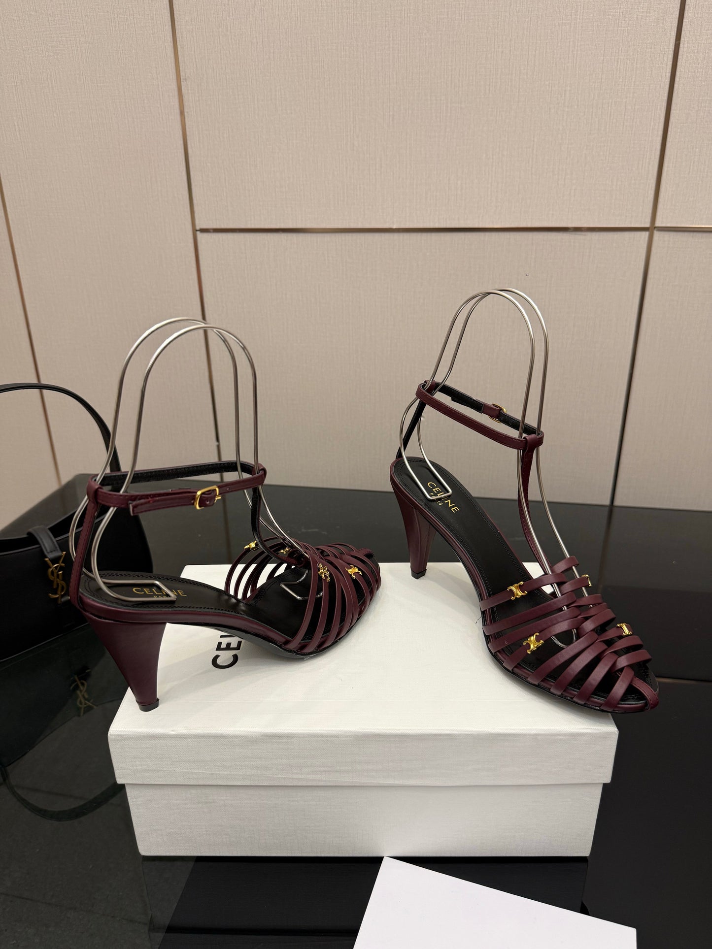 Celine Cage Heeled Sandal 9cm Burgundy Calfskin 725648