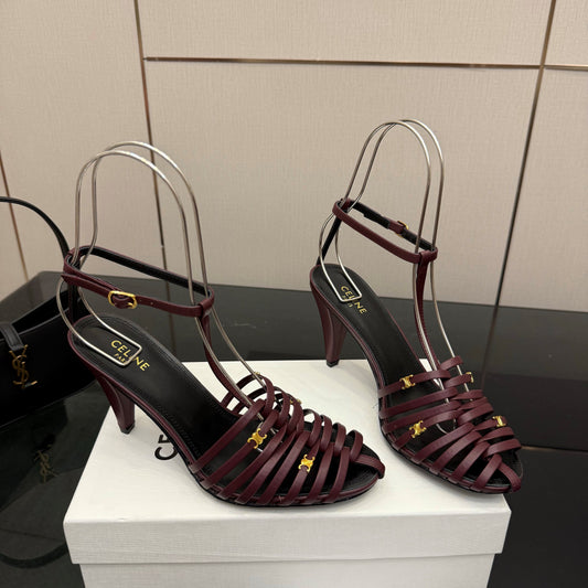 Celine Cage Heeled Sandal 9cm Burgundy Calfskin 725648