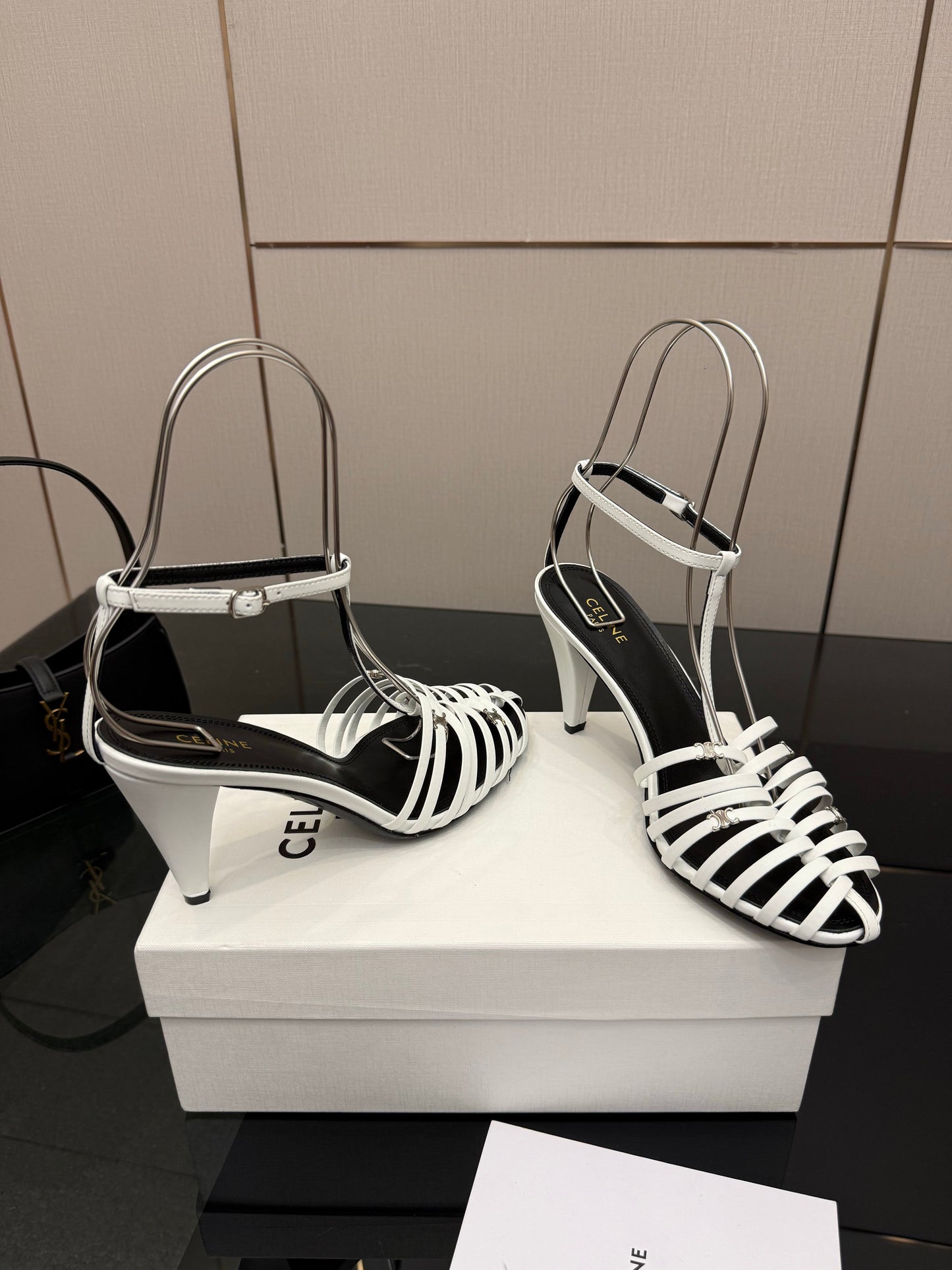 Celine Cage Heeled Sandal 9cm White Calfskin 725648