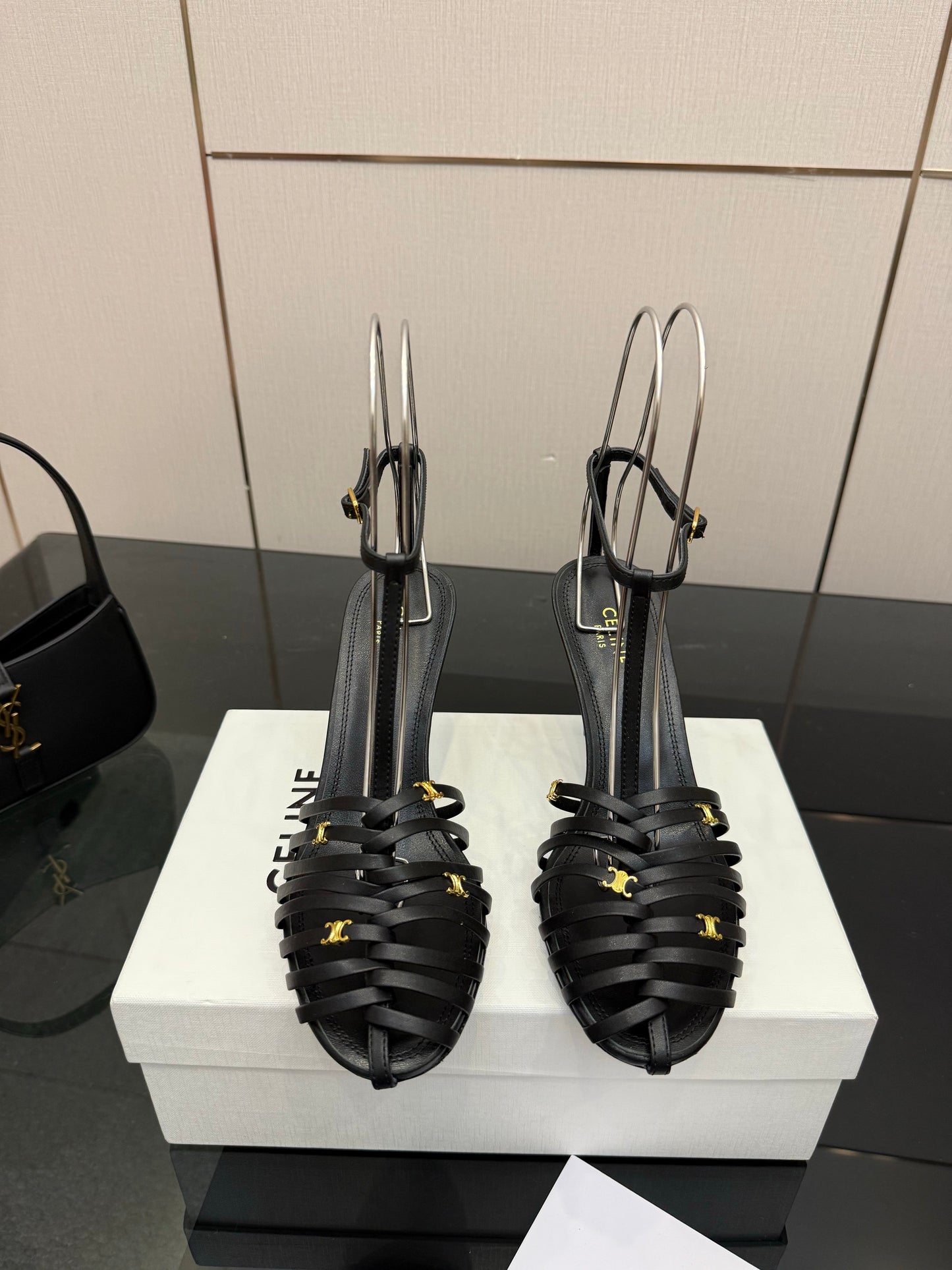Celine Cage Heeled Sandal 9cm Black Calfskin 725650