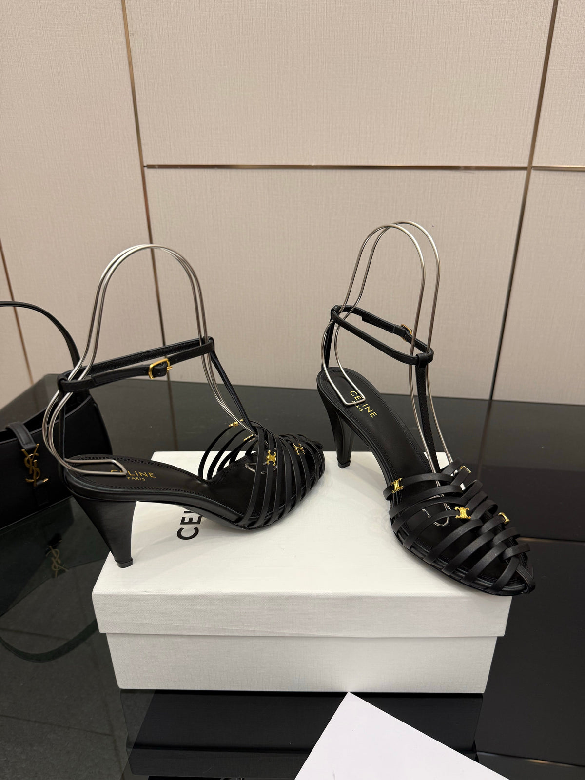 Celine Cage Heeled Sandal 9cm Black Calfskin 725650