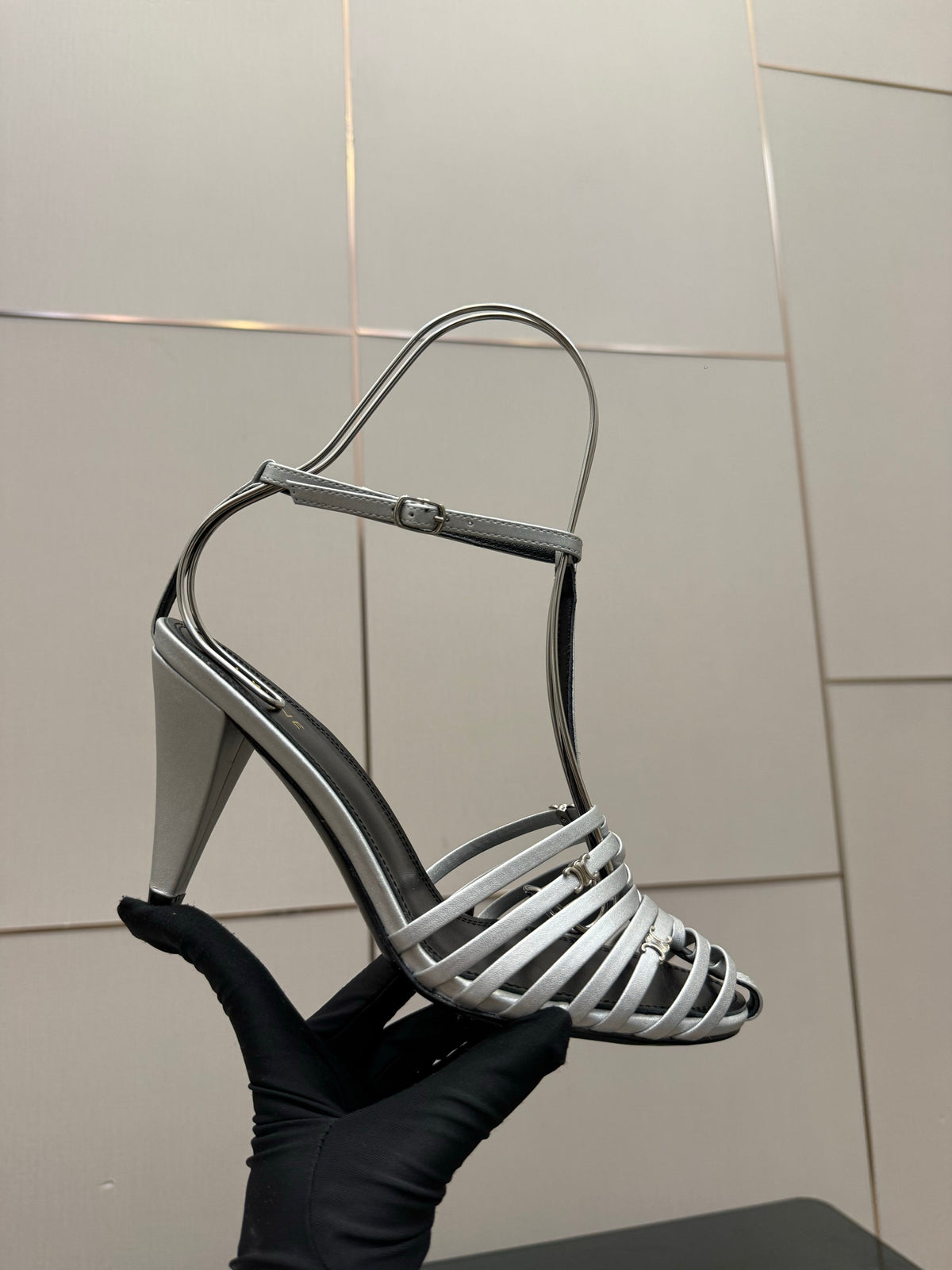 Celine Cage Heeled Sandal 9cm Sliver Calfskin 725651