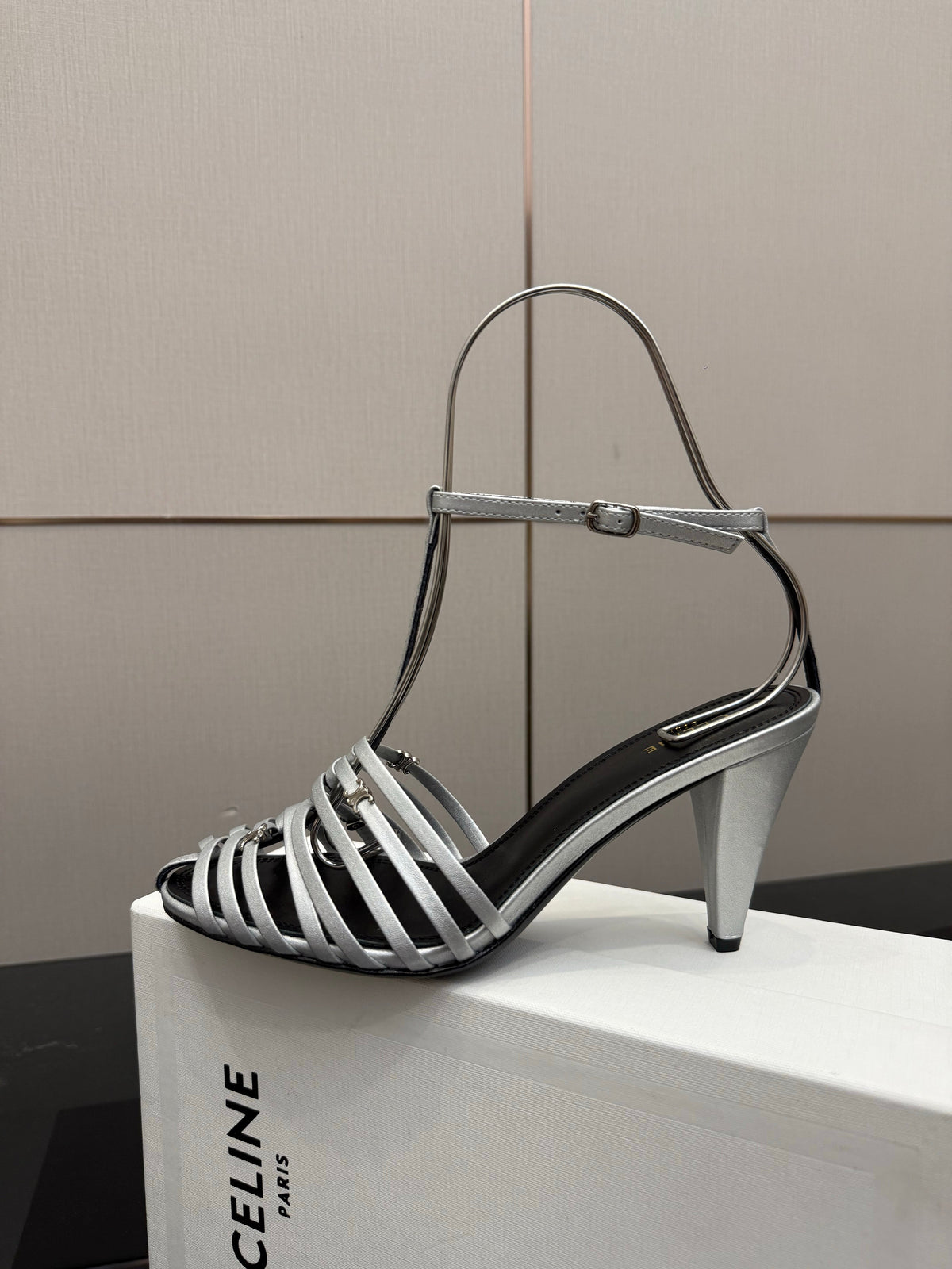 Celine Cage Heeled Sandal 9cm Sliver Calfskin 725651