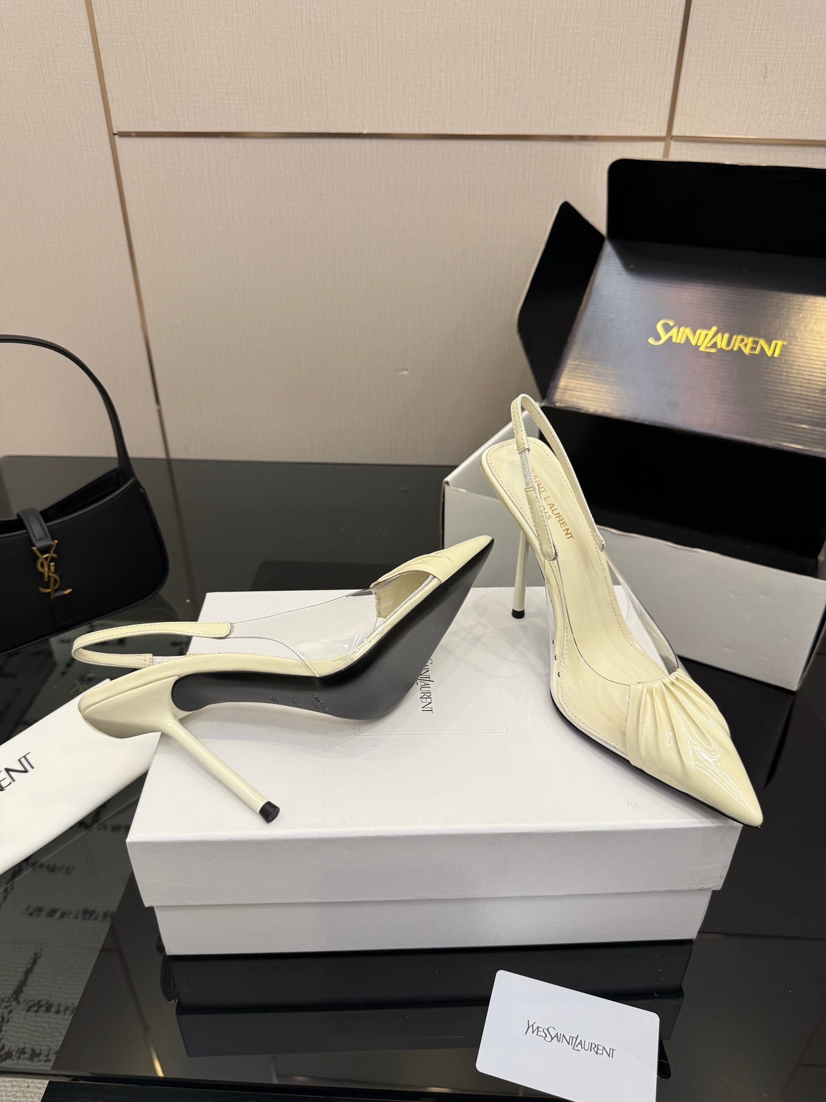 YSL Chica Slingback 10.5cm Cream Leather 828244