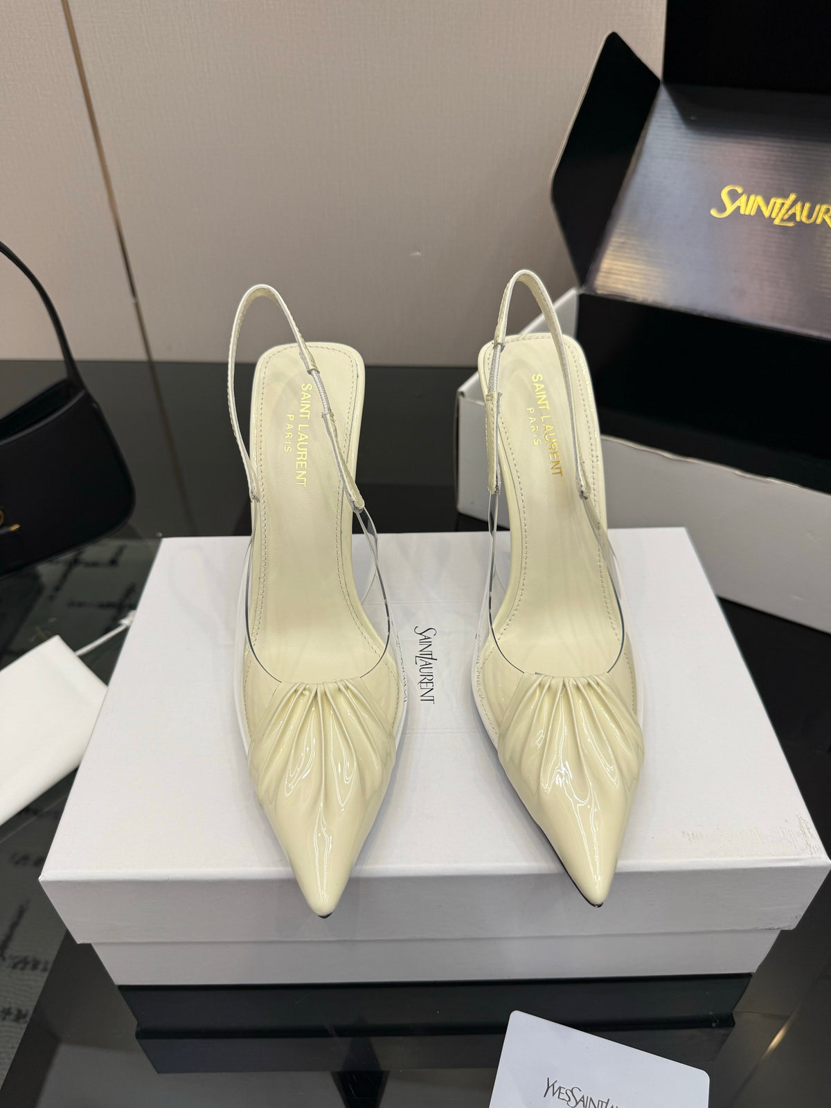YSL Chica Slingback 10.5cm Cream Leather 828244