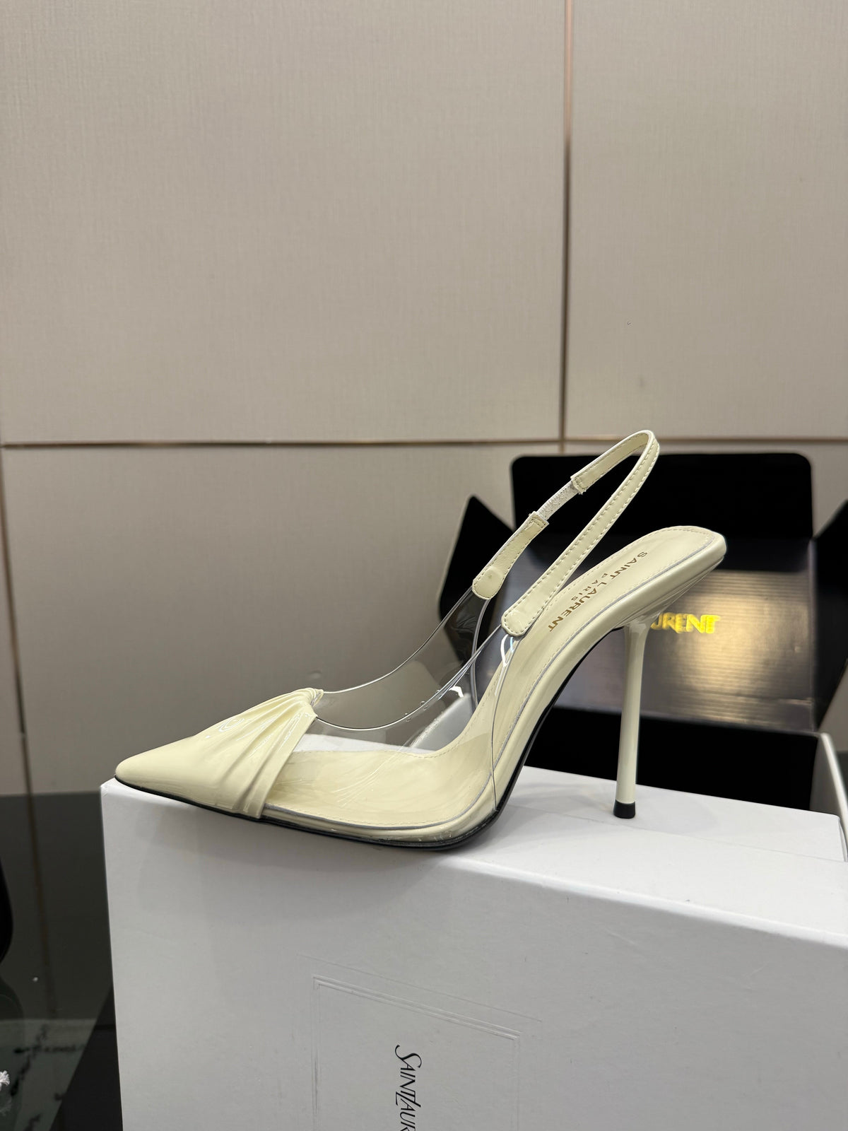 YSL Chica Slingback 10.5cm Cream Leather 828244