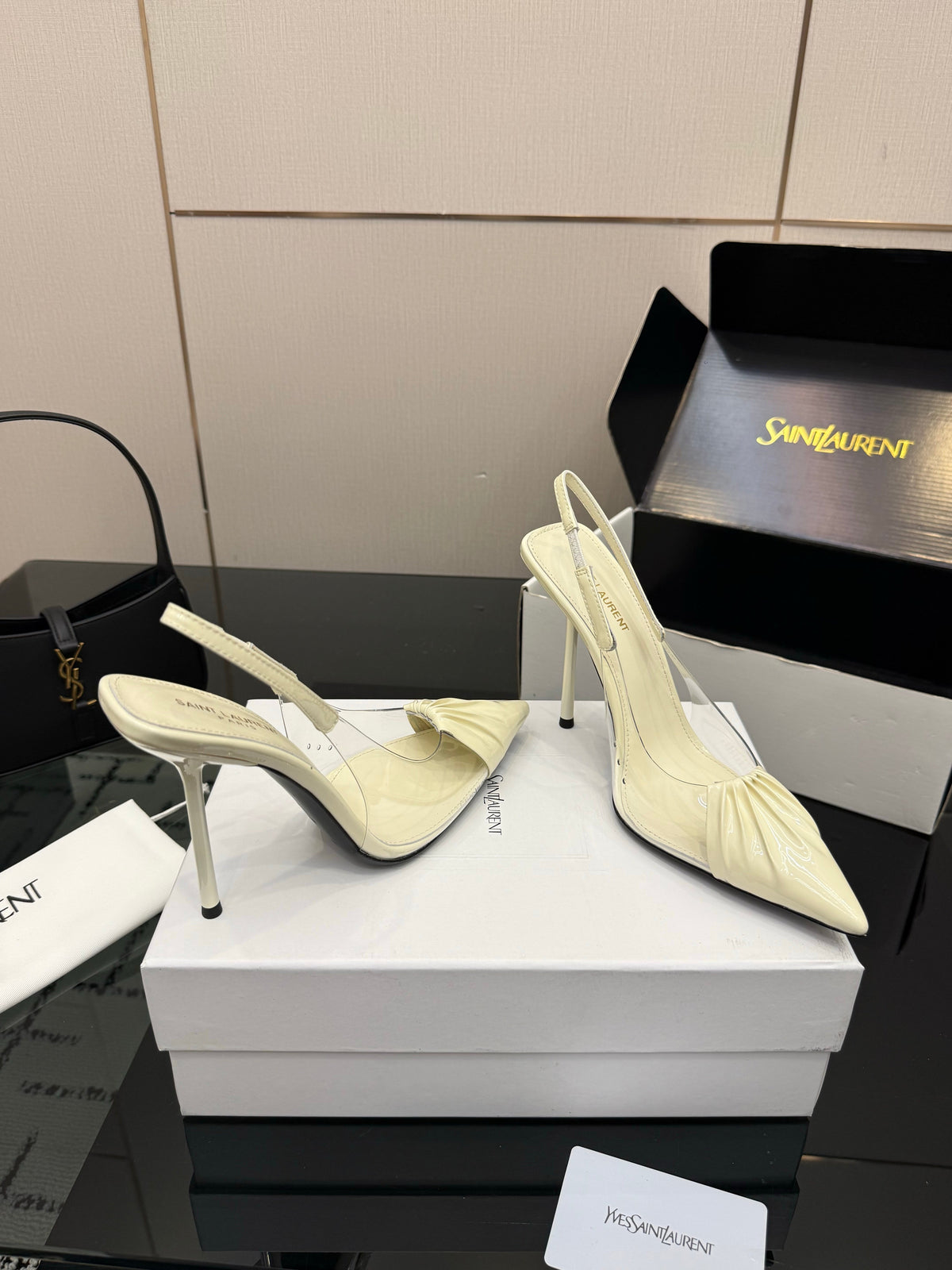 YSL Chica Slingback 10.5cm Cream Leather 828244