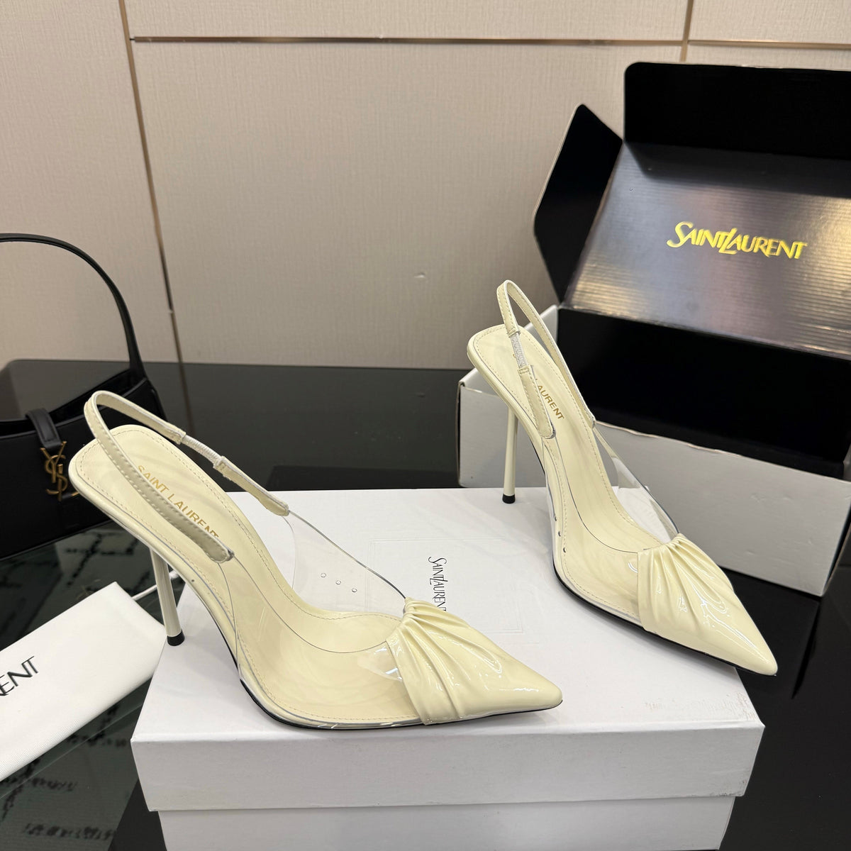 YSL Chica Slingback 10.5cm Cream Leather 828244