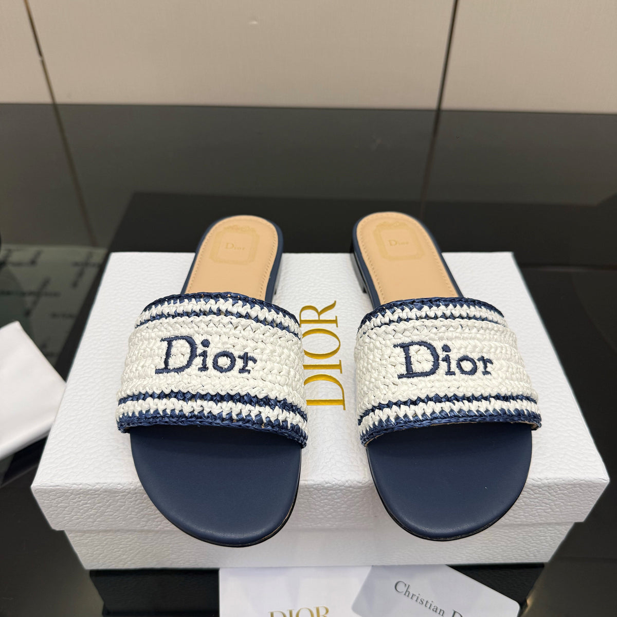 CD Dioriviera Woven Slides White Blue Fabric Goatskin 828262