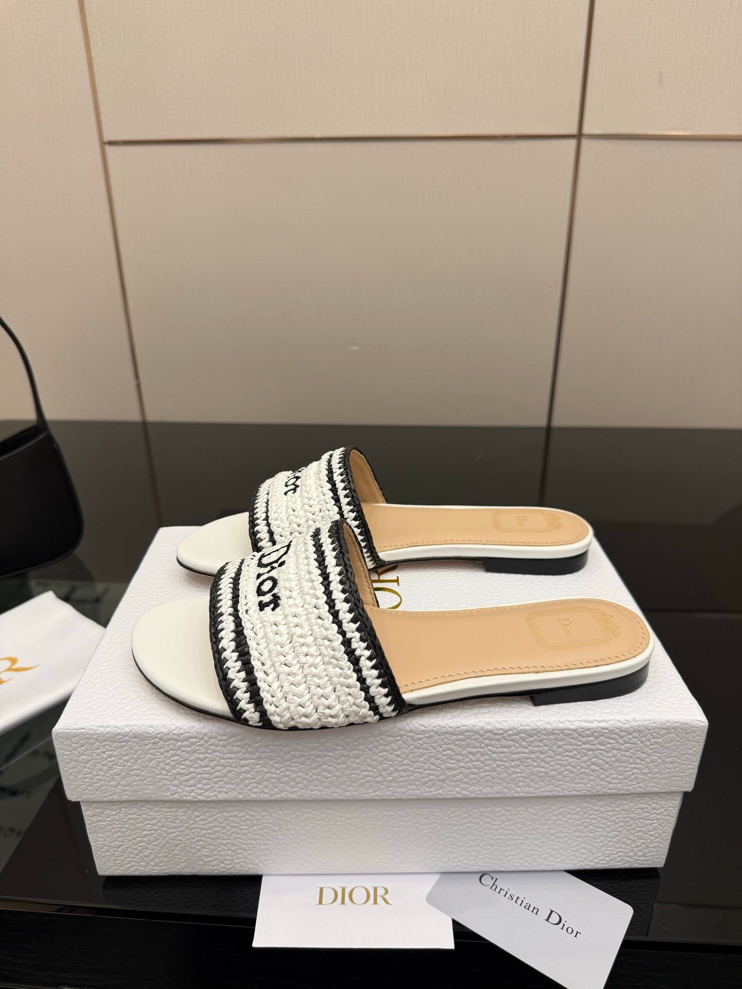 CD Dioriviera Woven Slides White Fabric Goatskin 828267