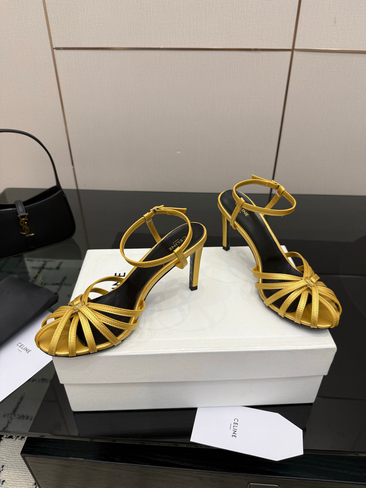 Celine 26s Sandal Triomphe 8.5cm Gold Lambskin 894268