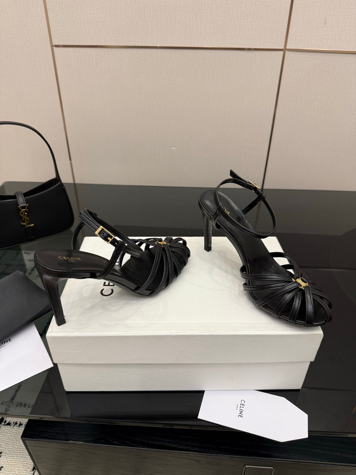 Celine 26s Sandal Triomphe 8.5cm Black Lambskin 894270