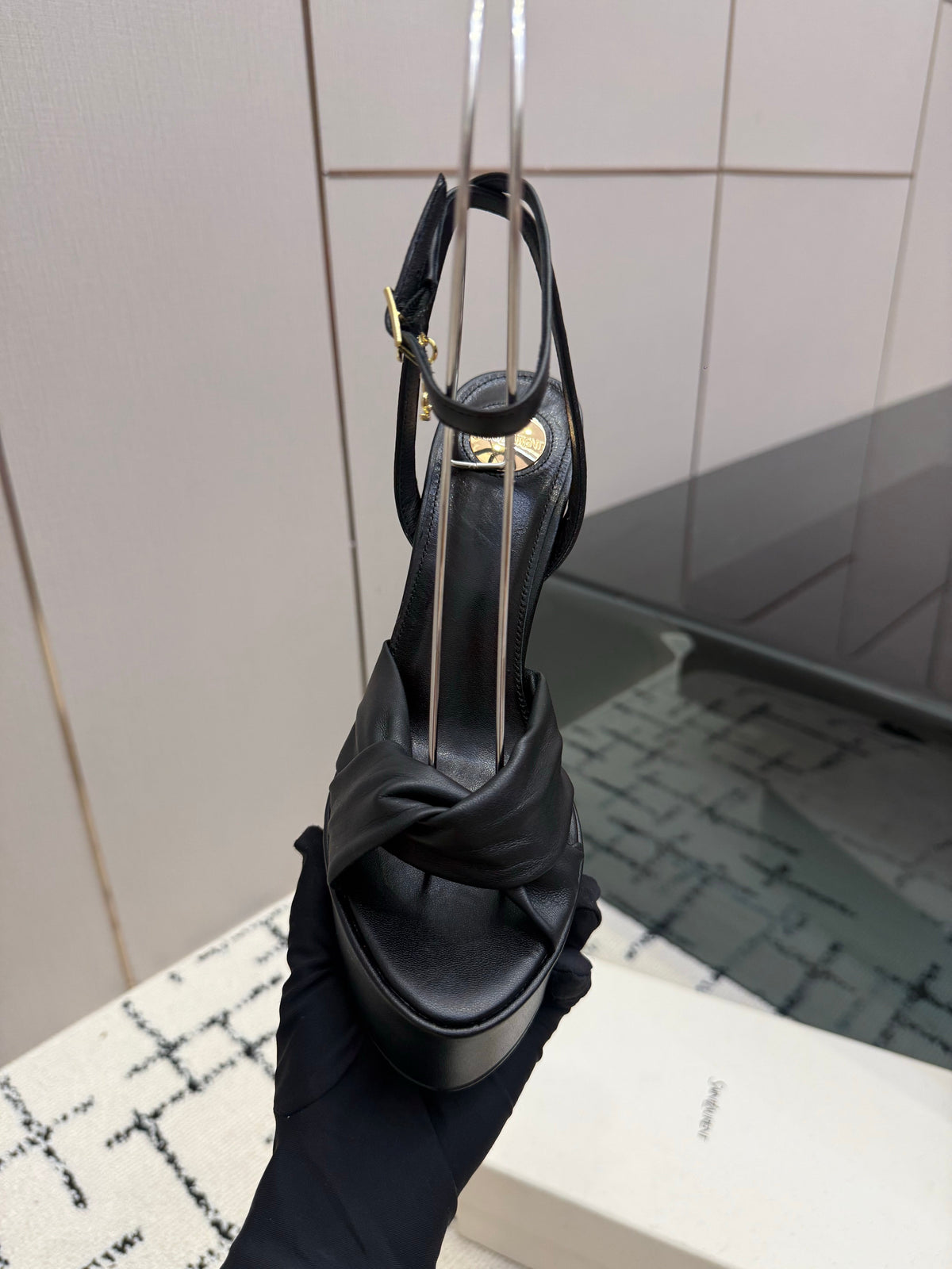 YSL Franciane Platform Sandals Black Leather 894448