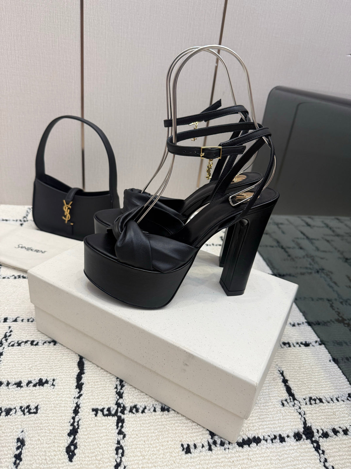 YSL Franciane Platform Sandals Black Leather 894448