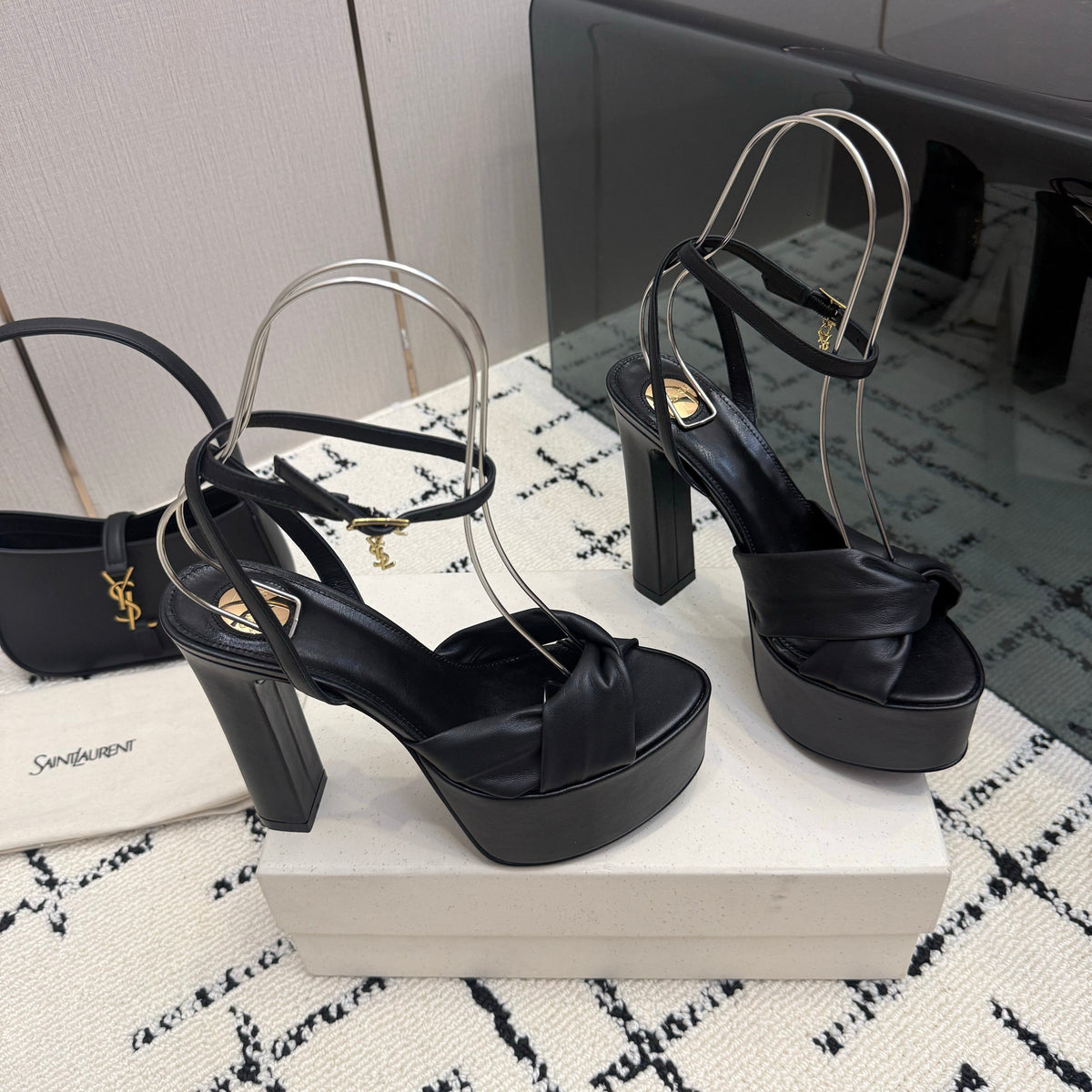 YSL Franciane Platform Sandals Black Leather 894448