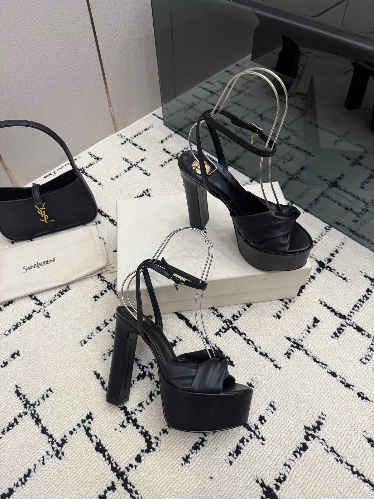 YSL Franciane Platform Sandals Black Leather 894448