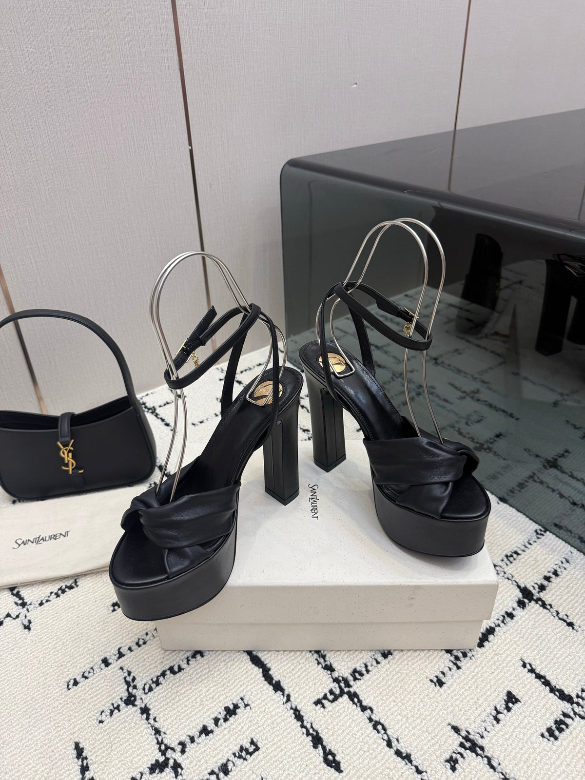 YSL Franciane Platform Sandals Black Leather 894448
