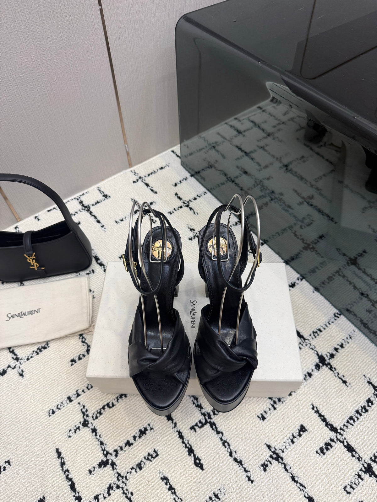 YSL Franciane Platform Sandals Black Leather 894448