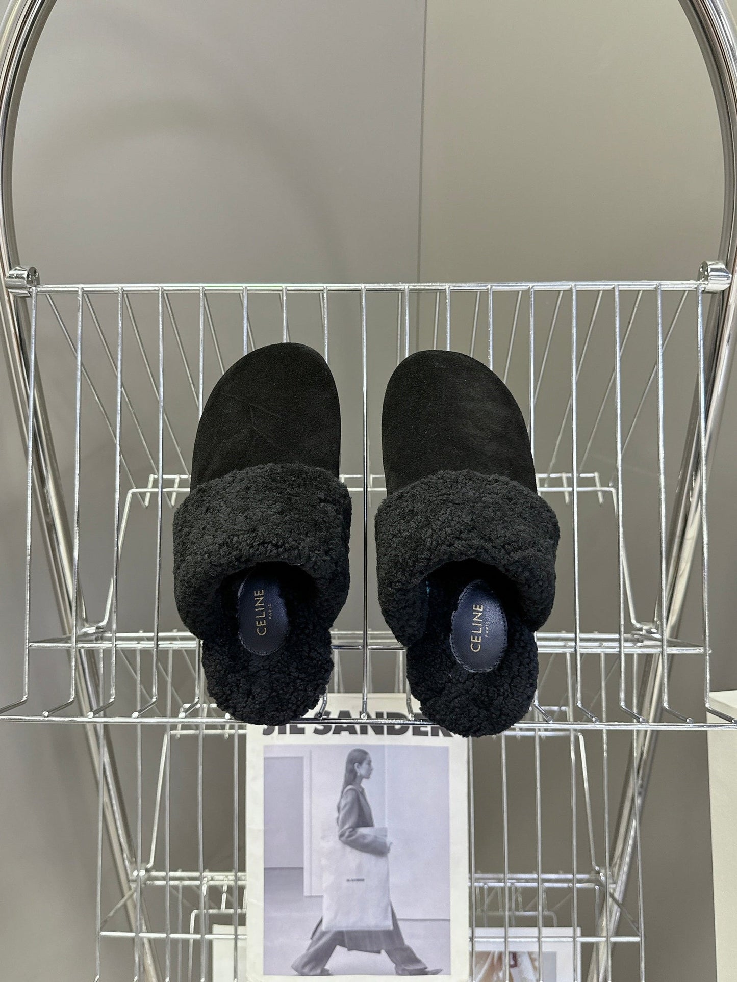 Celine 26s Wedge Mules In Black Suede And Wool