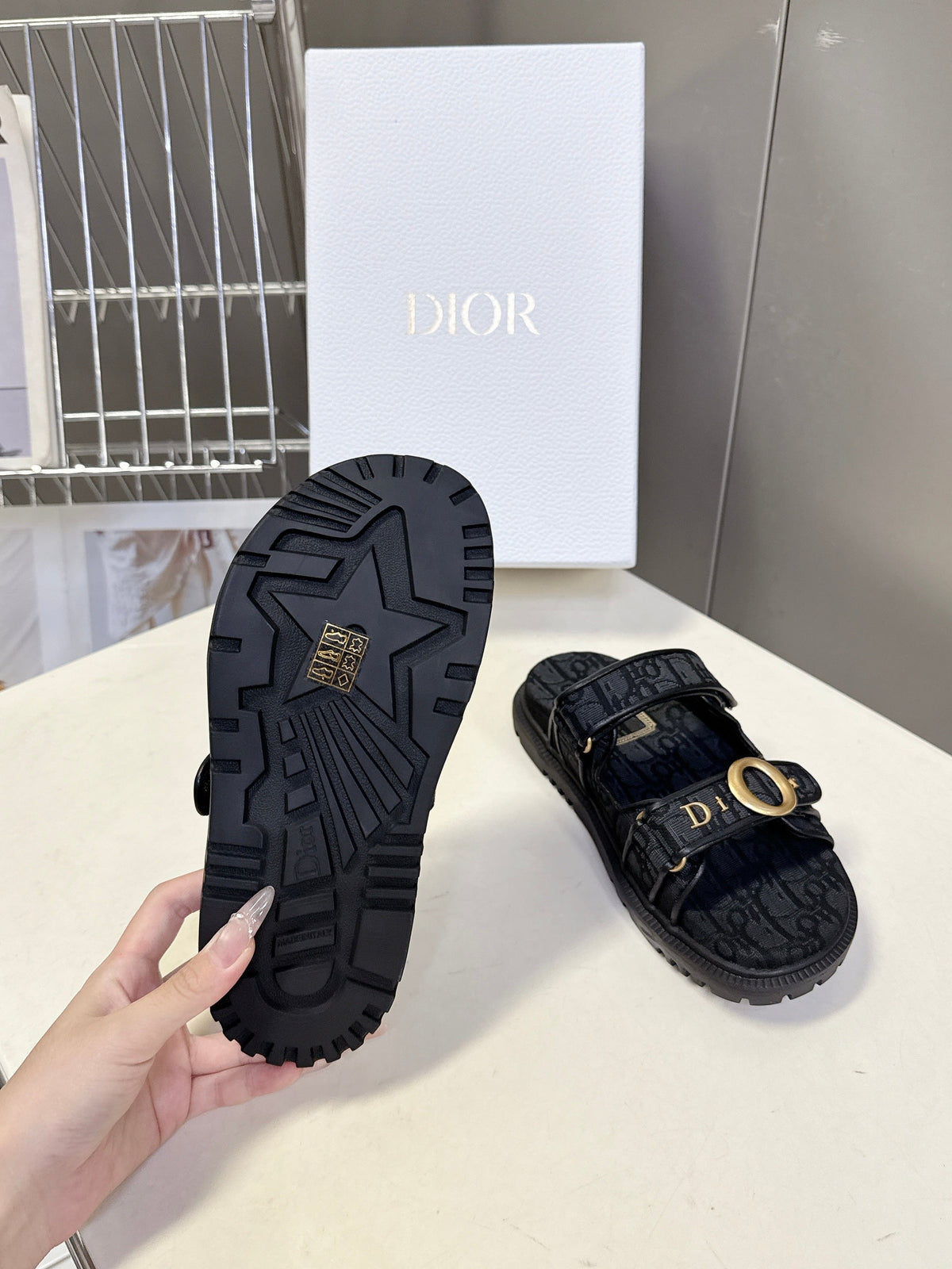Dior 2026 Velcro Slip-on Sandal Black Fabric Leather 716905