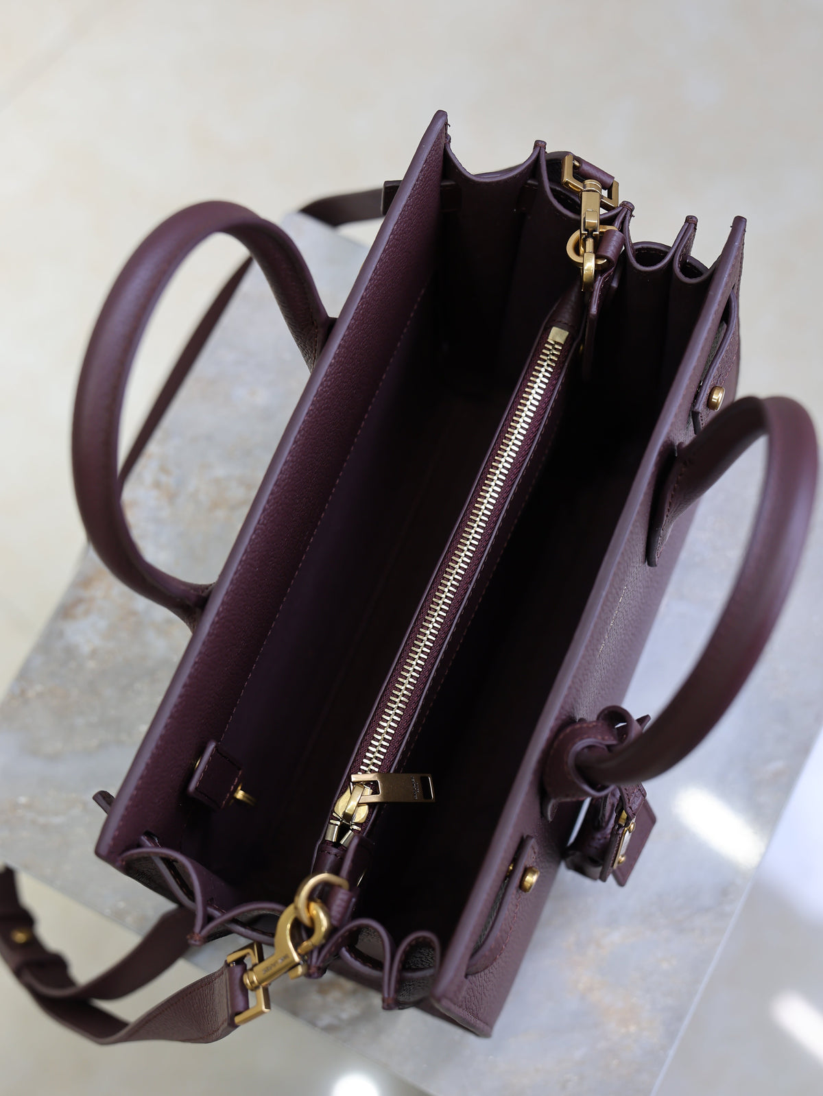 YSL Sac De Jour Nano 26cm Dark Burgundy Grain Cowhide GHW
