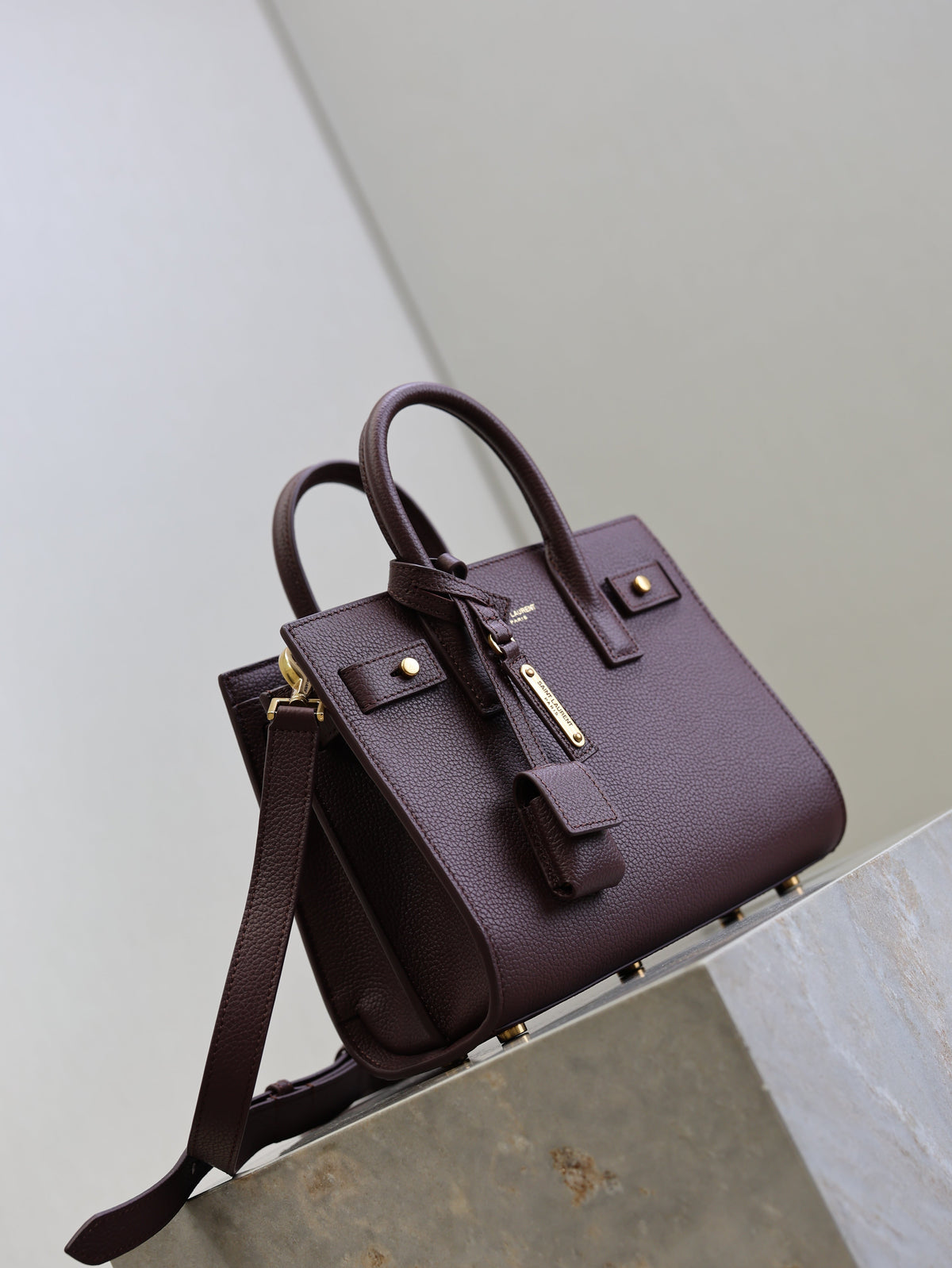 YSL Sac De Jour Nano 22cm Dark Burgundy Grain Cowhide GHW
