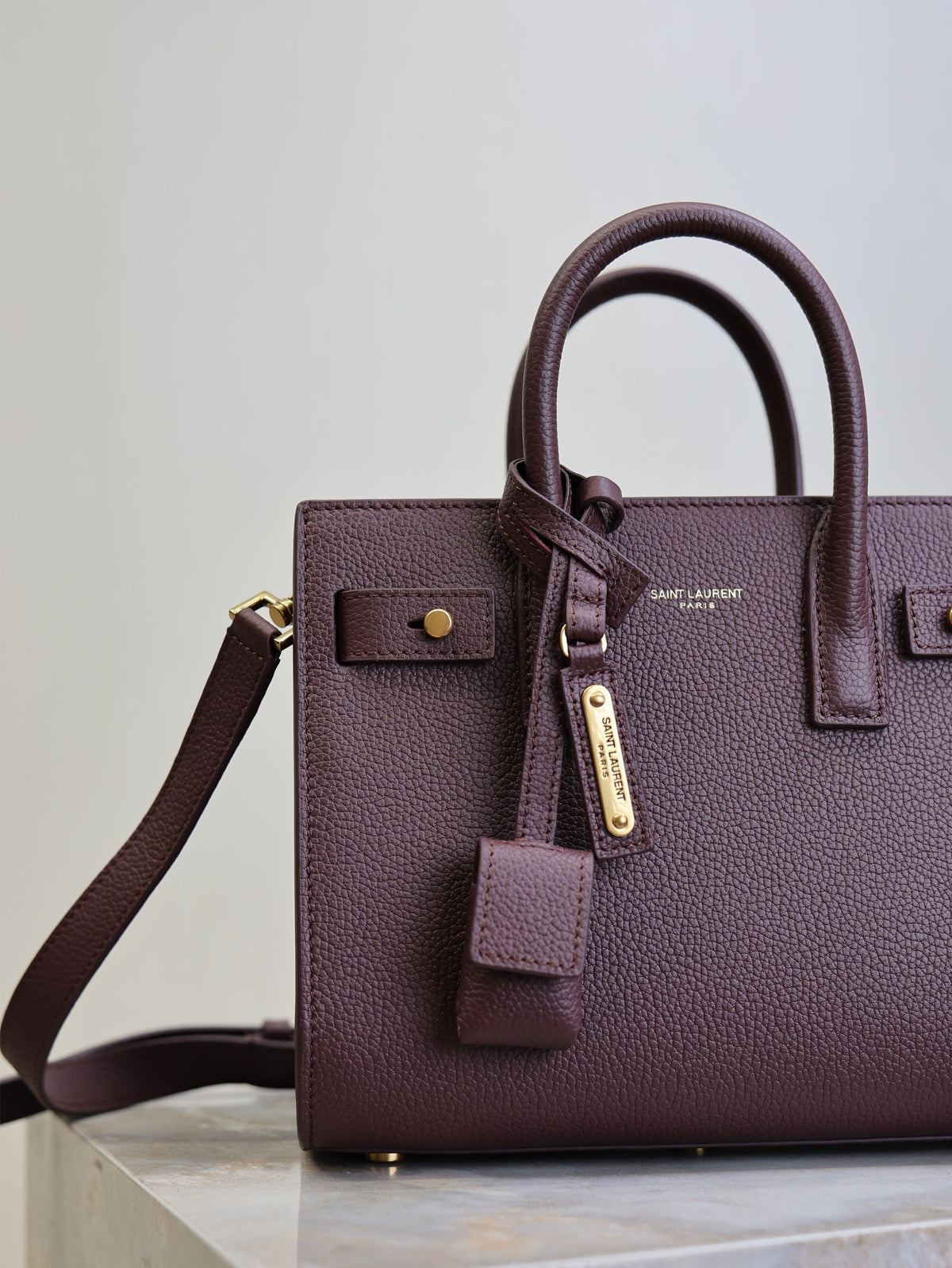 YSL Sac De Jour Nano 22cm Dark Burgundy Grain Cowhide GHW