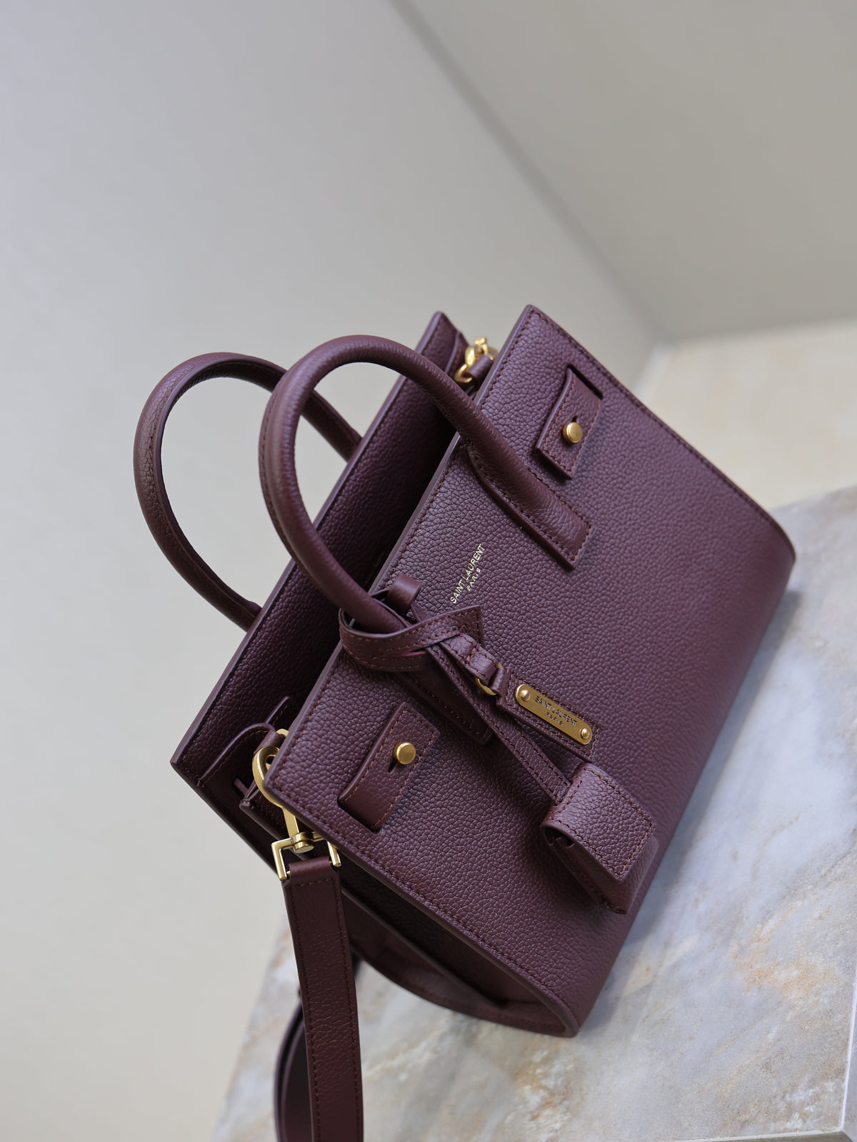 YSL Sac De Jour Nano 22cm Dark Burgundy Grain Cowhide GHW