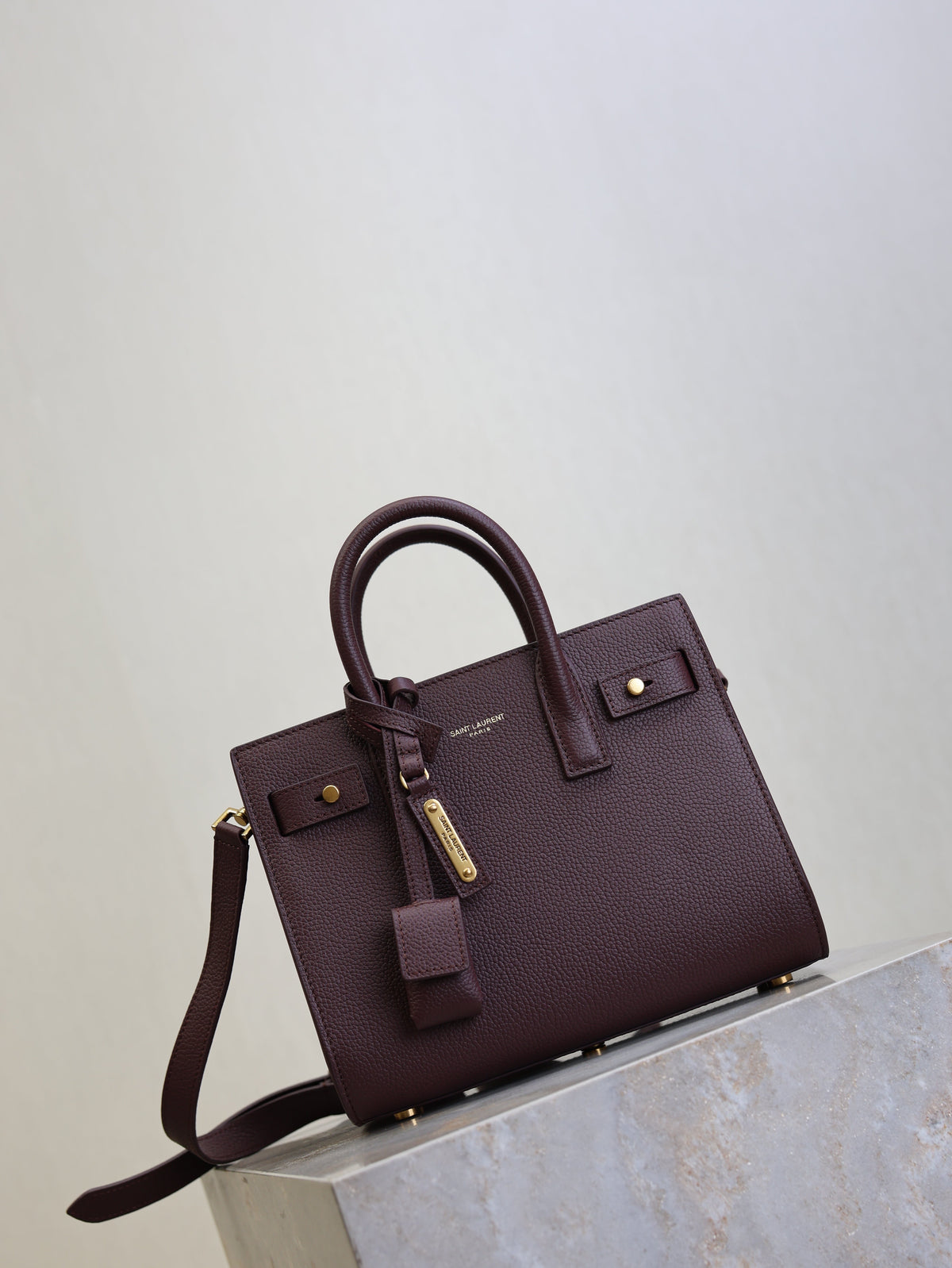 YSL Sac De Jour Nano 22cm Dark Burgundy Grain Cowhide GHW