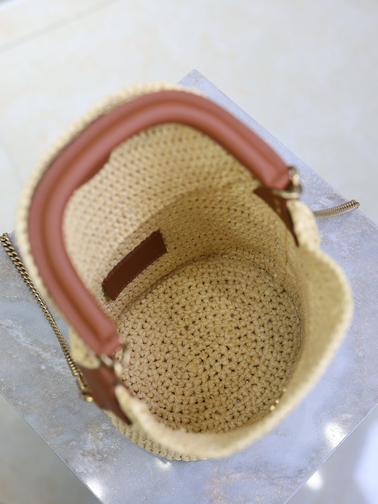 Prada GabyBucket 17cm Brown Beige Raffia Leather GHW