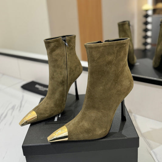 YSL 25 Metal Toe Short Boot Olive Green Gold Suede 520785