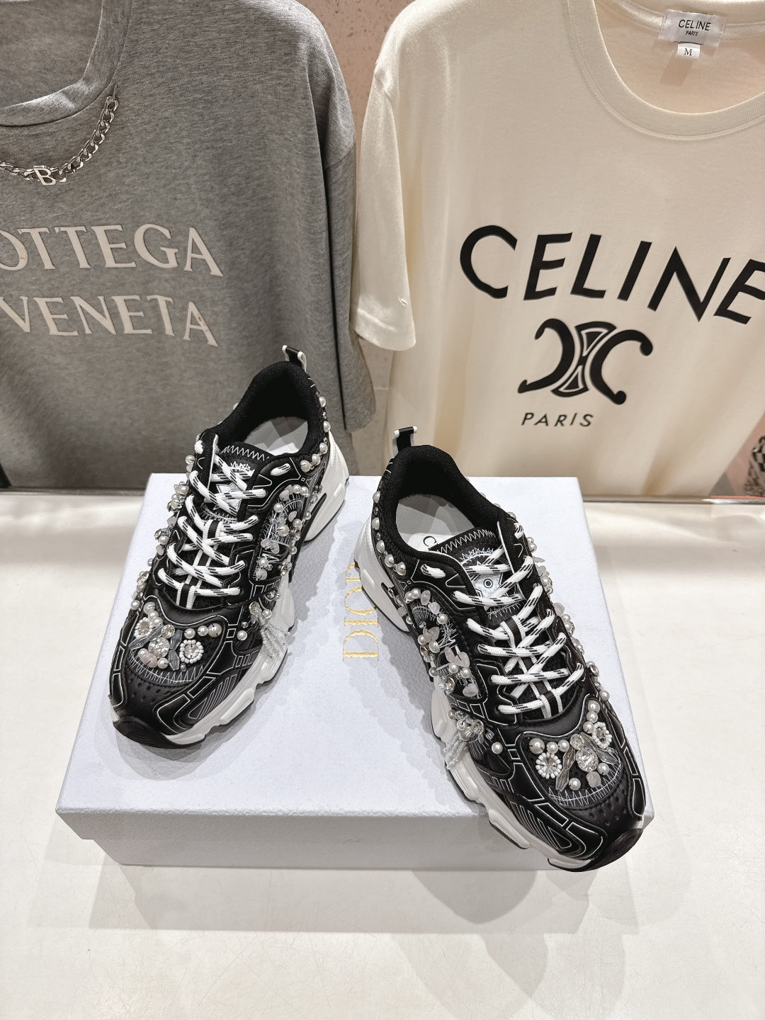 CD 25s Sneaker In Black Lambskin And Mesh Fabric With Pearl Detailing