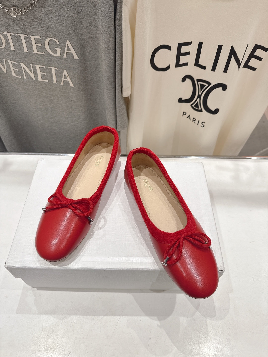 Celine 26s Ballet Flats In Red Calfskin With Bow