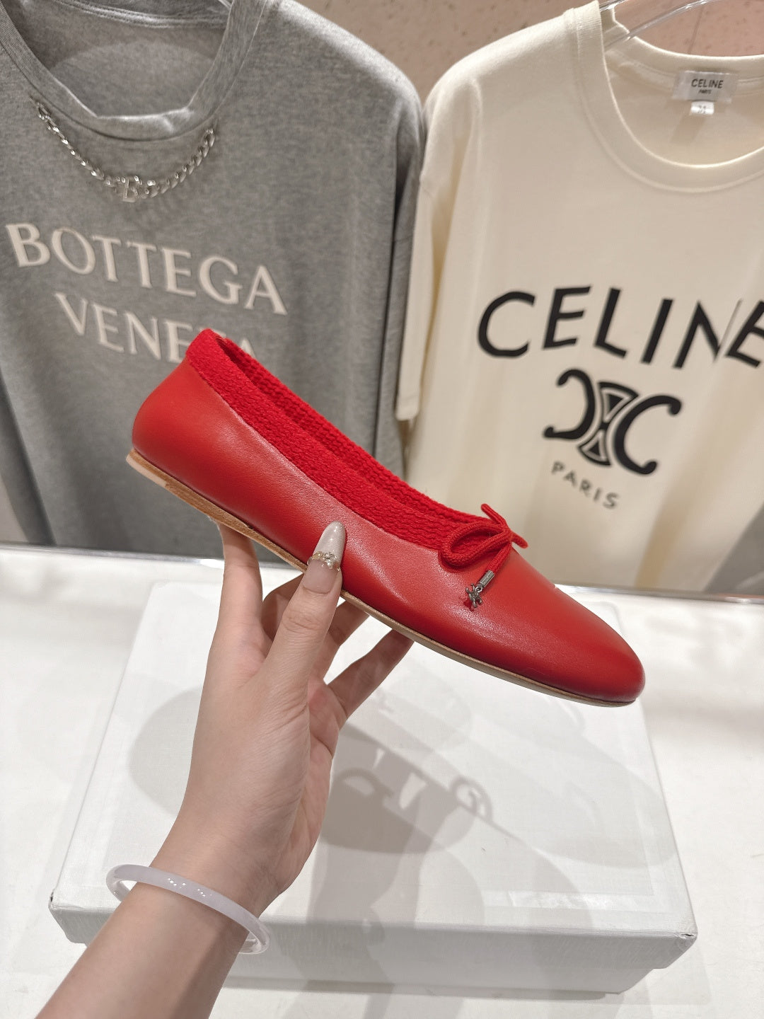 Celine 26s Ballet Flats In Red Calfskin With Bow