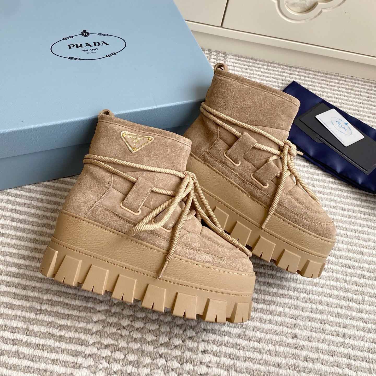 Prada 25 Shearling Apres-ski Boots Beige Suede Calfskin