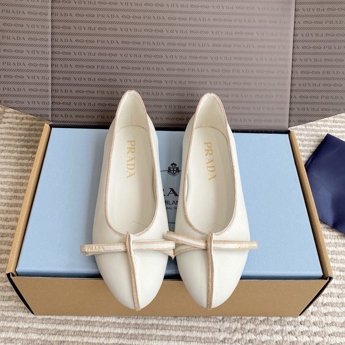 Prada 26s Antiqued Ballerinas Chalk White Lambskin 859009