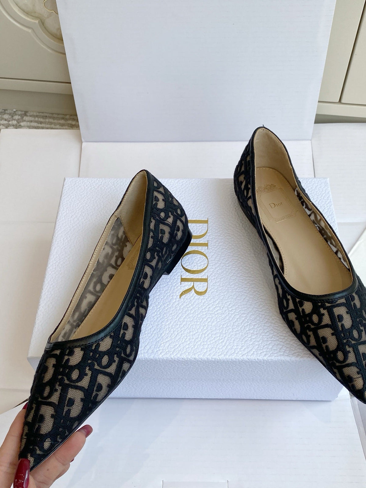 CD 26s Adioable Ballet Flat Monogram Beige Black Mesh Lambskin 909641