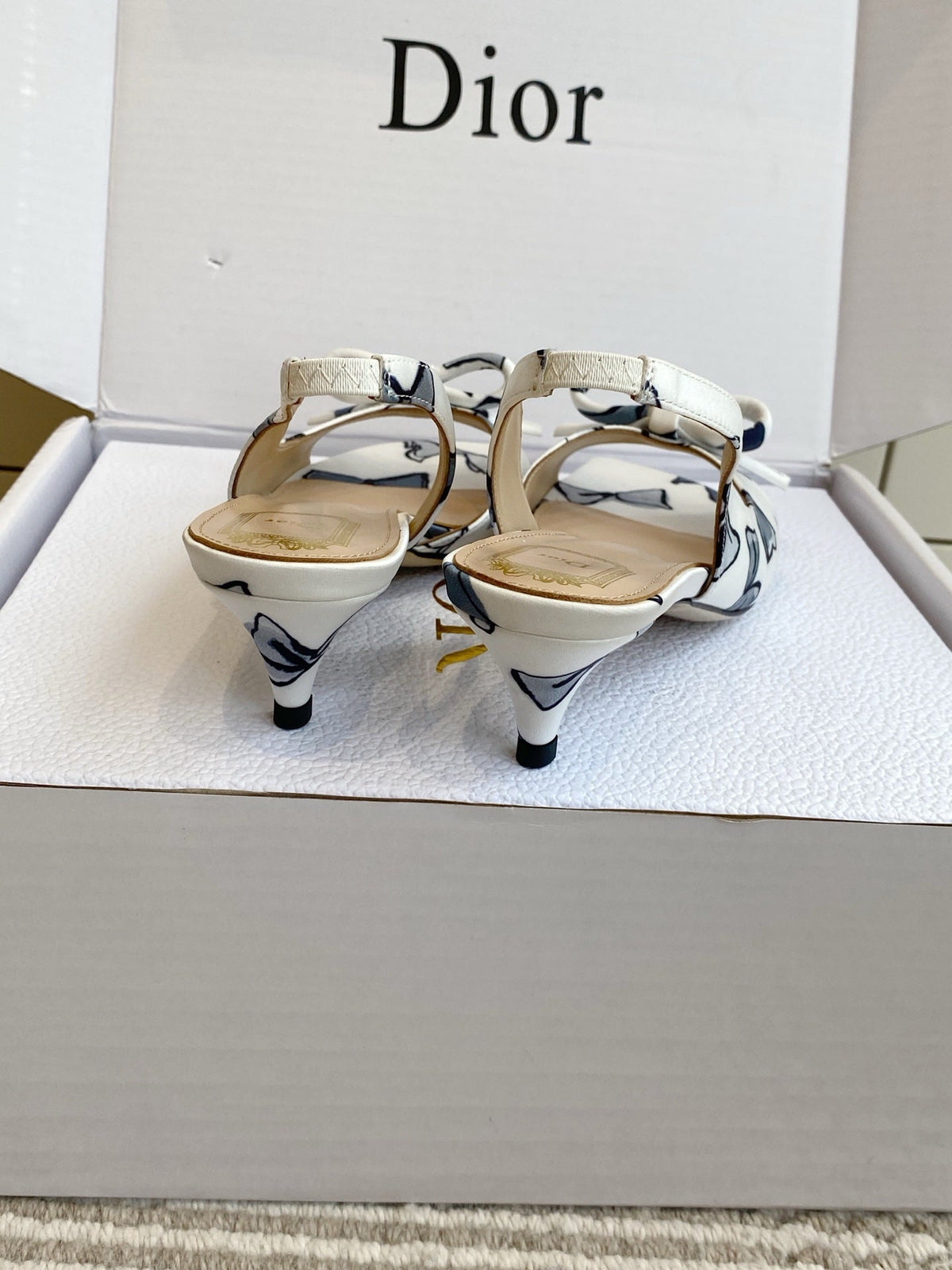 CD 26s Bow Kitten Heel Open Back Sandals White Blue Lambskin 909653