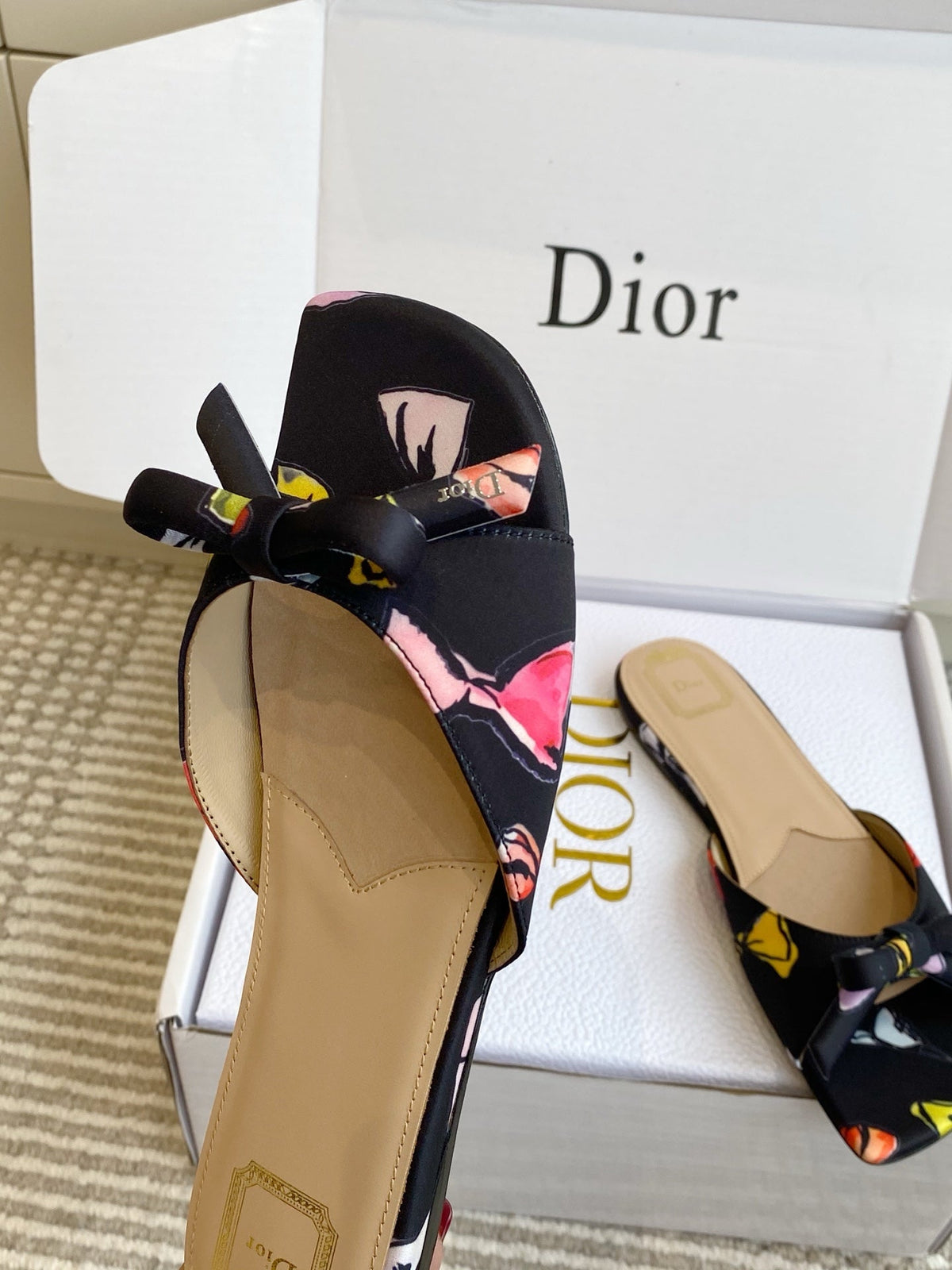 CD 26s Bow Kitten Flat Open Back Sandals Black Lambskin 909654